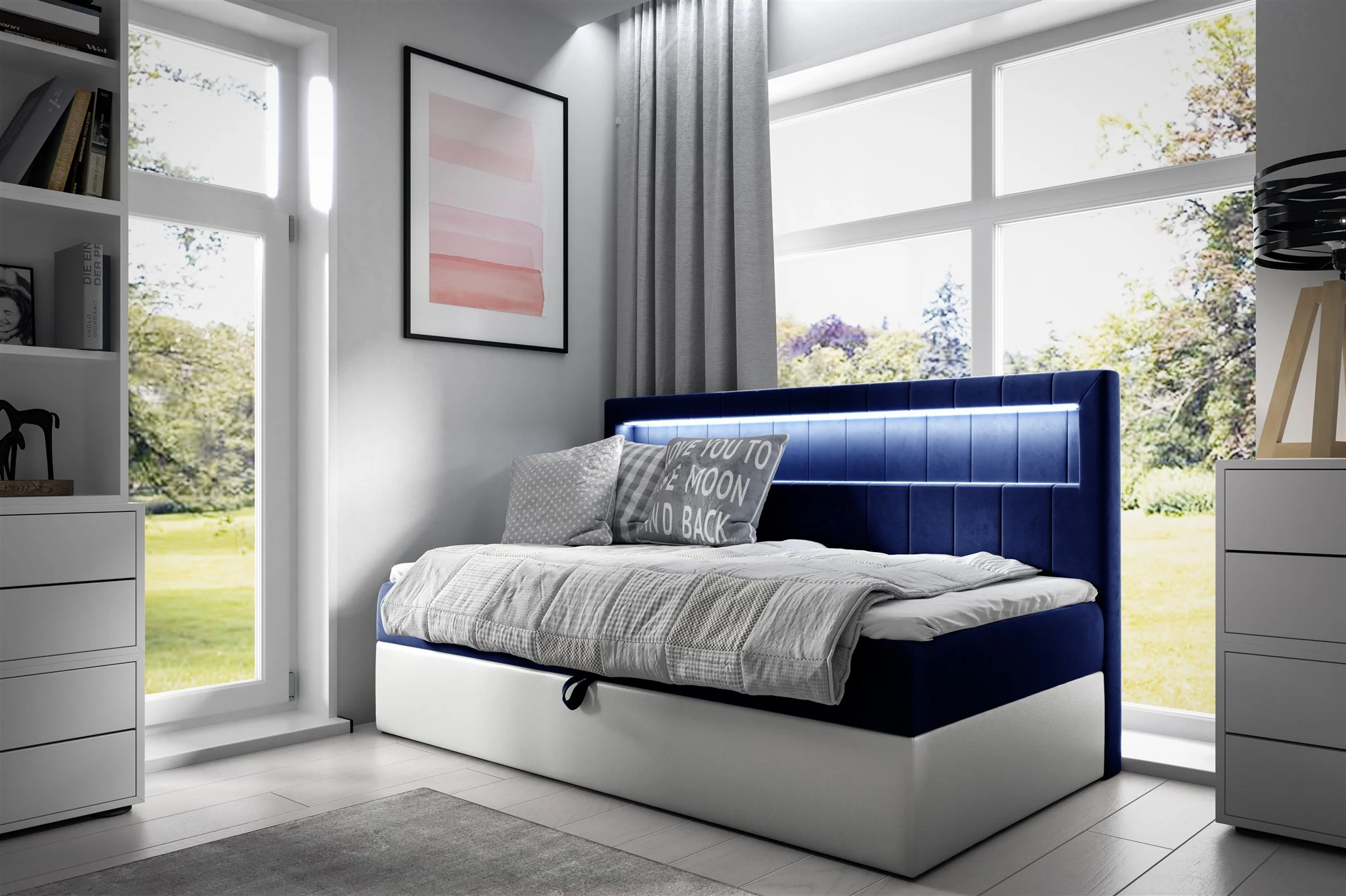 Boxspringbett Gästebett Kinderbett FABIAN Nr.2 80x200cm Weiss-Blau