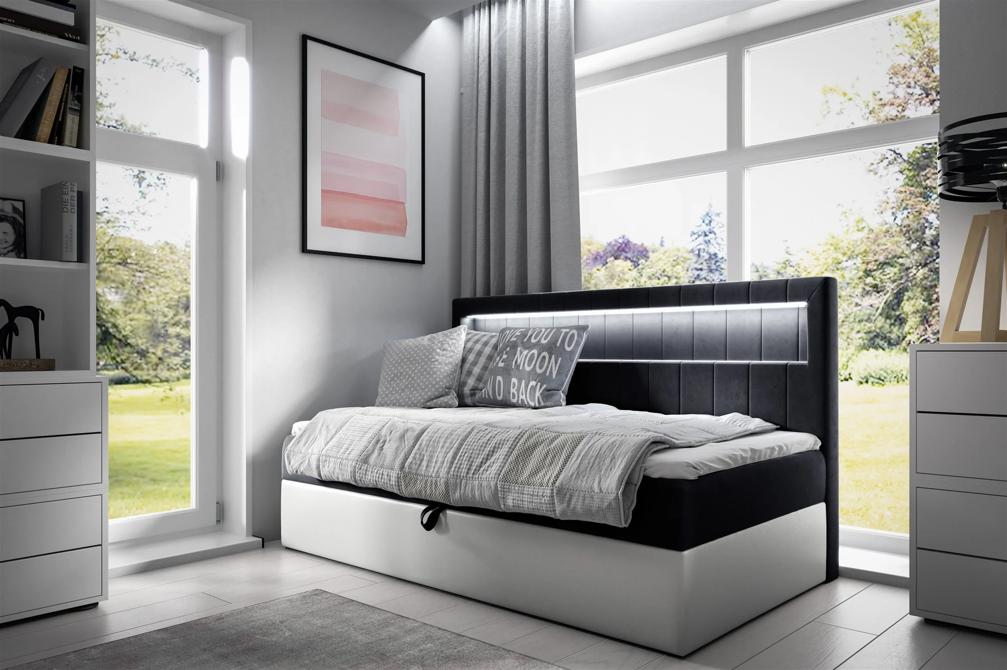 Boxspringbett Gästebett Kinderbett FABIAN Nr.2 90x200cm Weiss-Schwarz