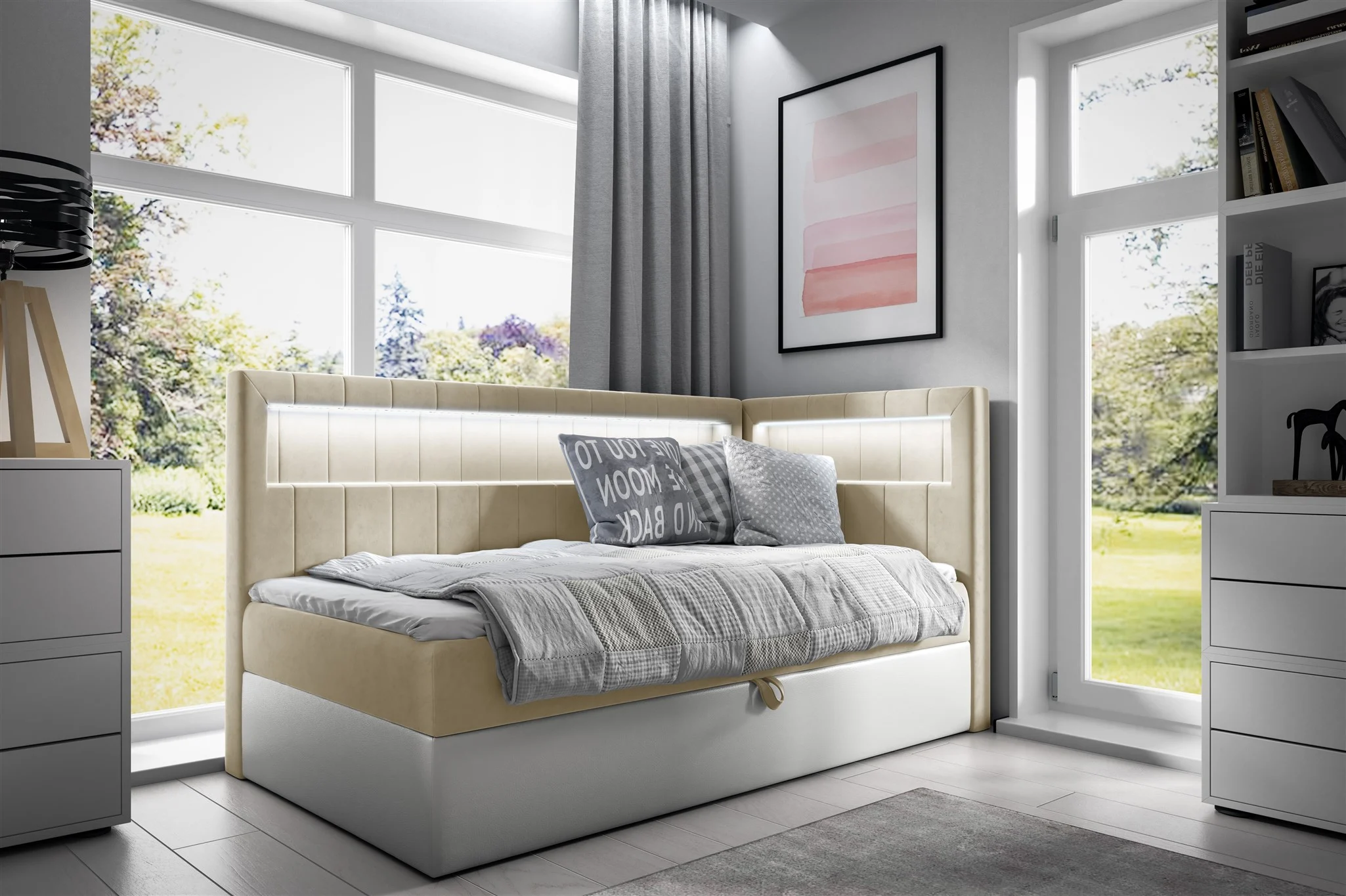 Boxspringbett Gästebett Kinderbett FABIAN Nr.3 90x200cm Weiss-Beige Seite Rechts