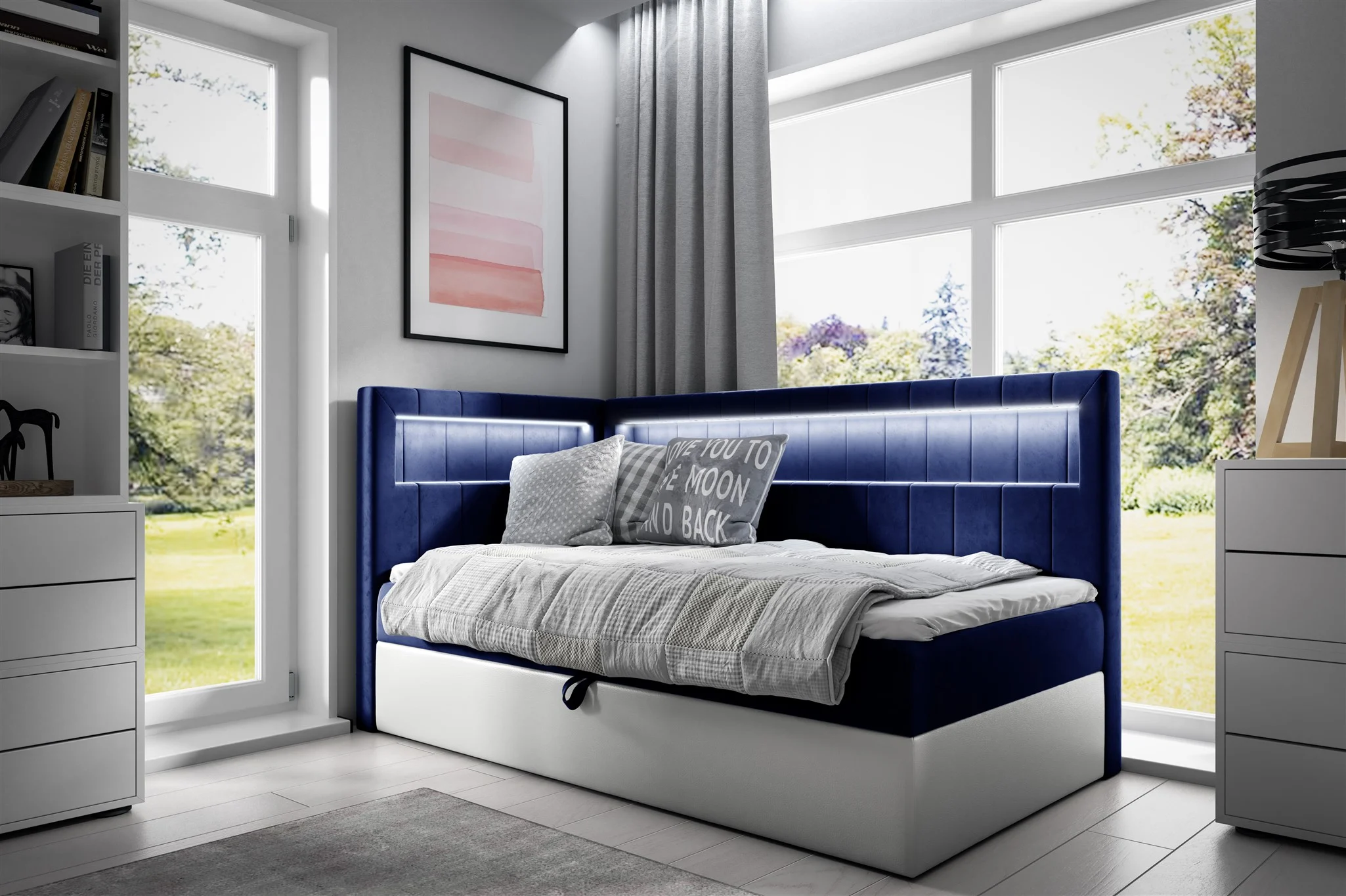 Boxspringbett Gästebett Kinderbett FABIAN Nr.3 80x200cm Weiss-Blau Seite Links
