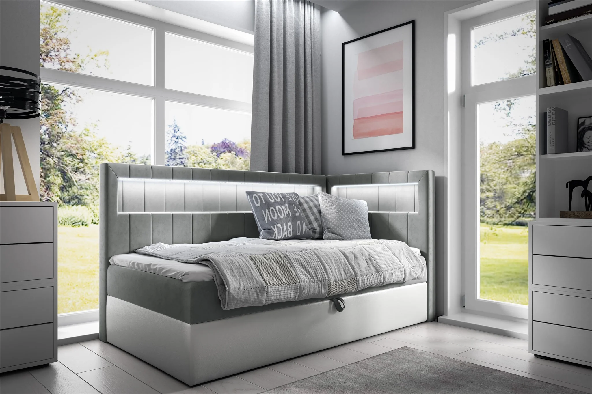 Boxspringbett Gästebett Kinderbett FABIAN Nr.3 80x200cm Weiss-Grau Seite Rechts