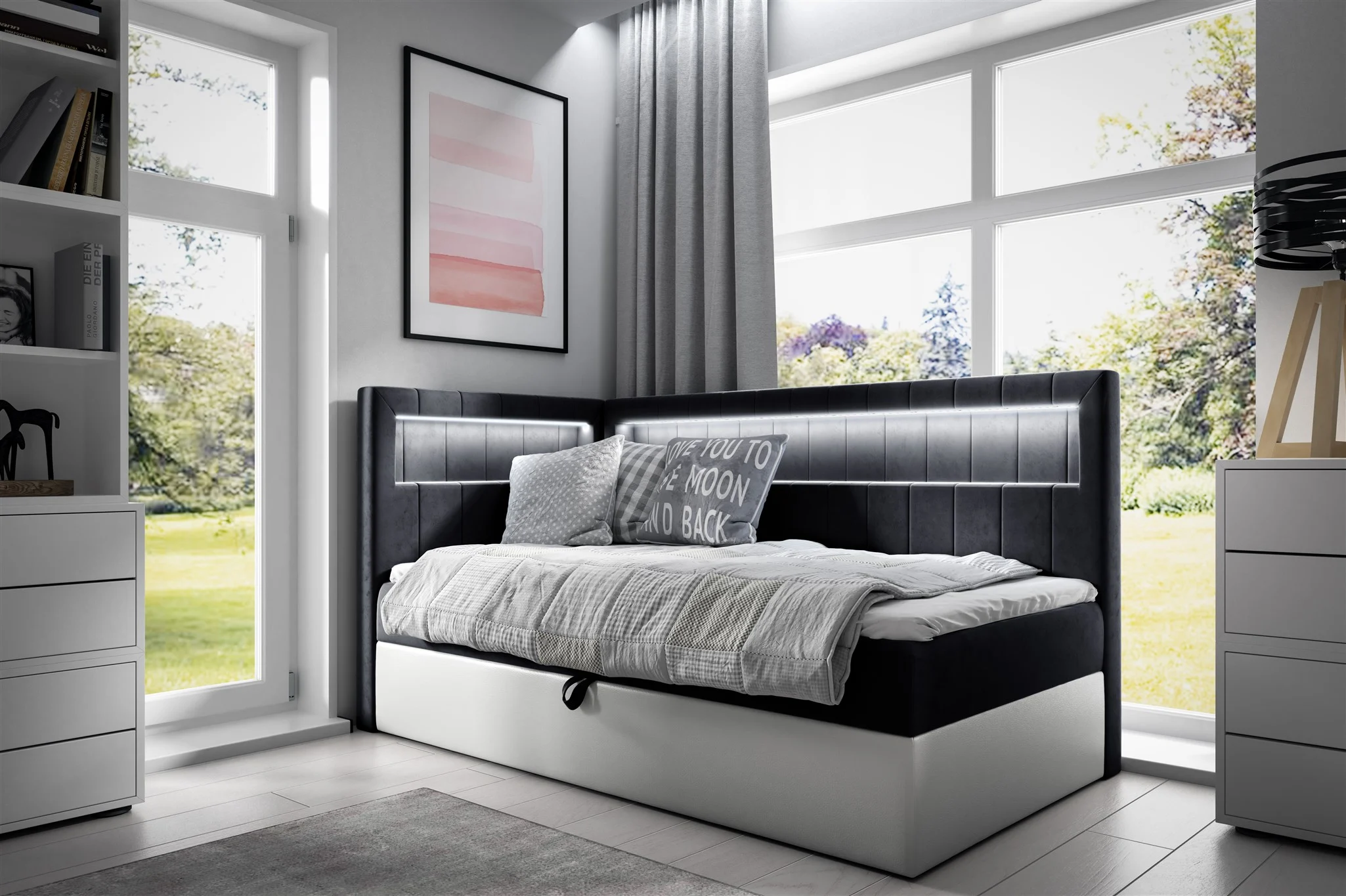 Boxspringbett Gästebett Kinderbett FABIAN Nr.3 80x200cm Weiss-Schwarz Seite Links