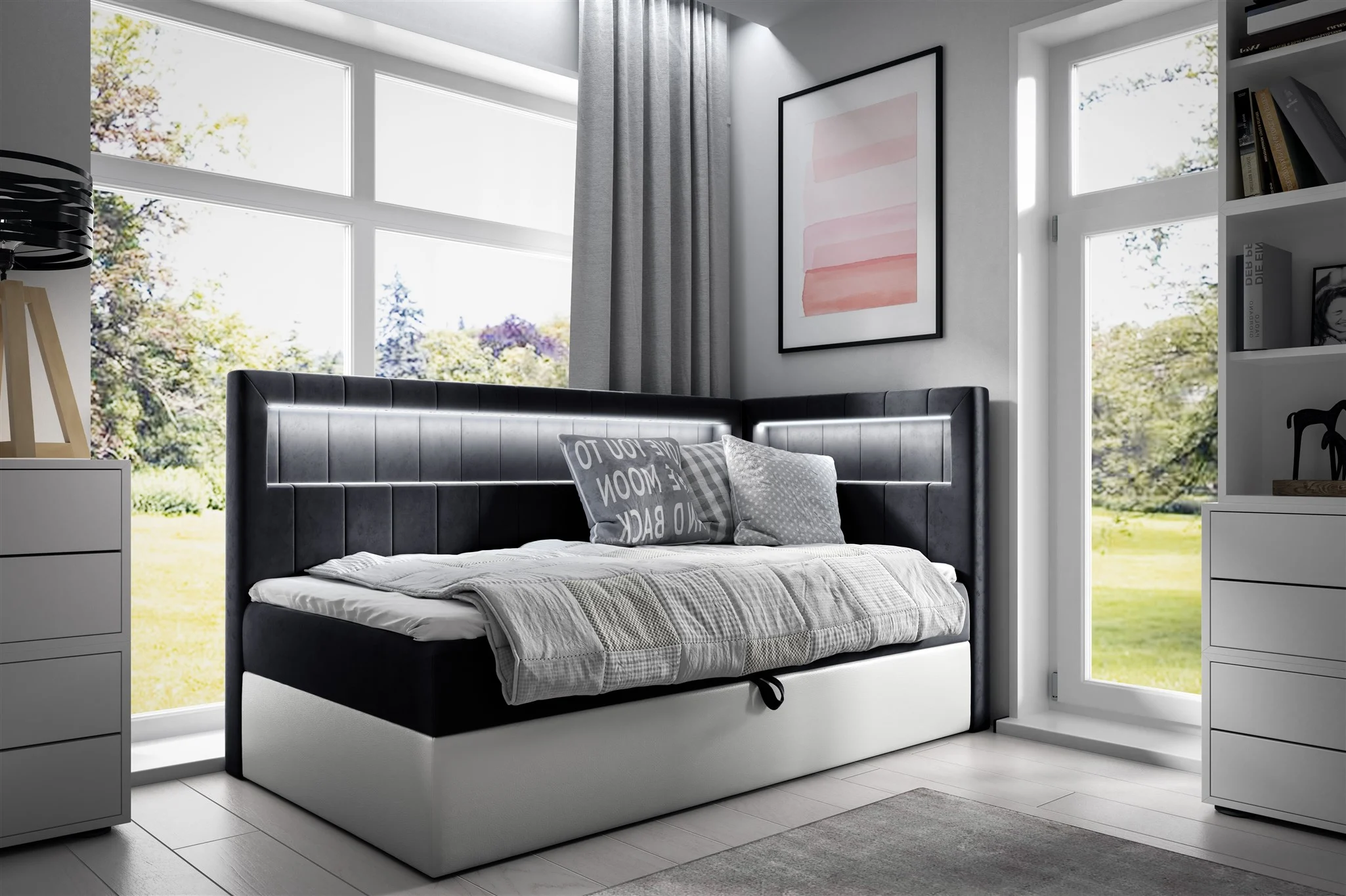Boxspringbett Gästebett Kinderbett FABIAN Nr.3 80x200cm Weiss-Schwarz Seite Rechts