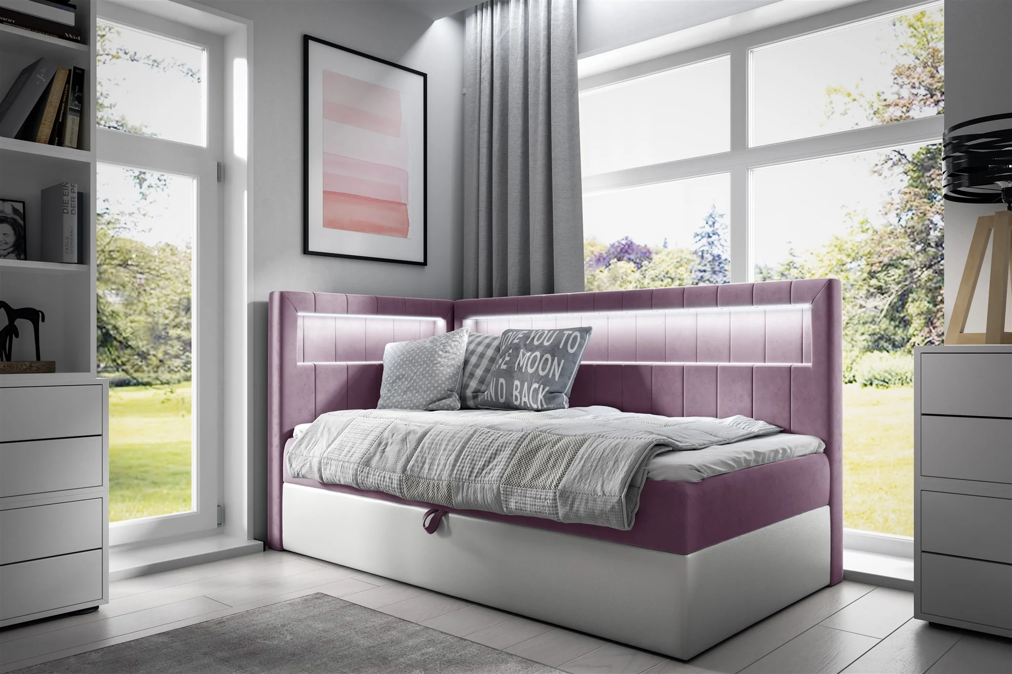 Boxspringbett Gästebett Kinderbett FABIAN Nr.3 80x200cm Weiss-Rosa Seite Links