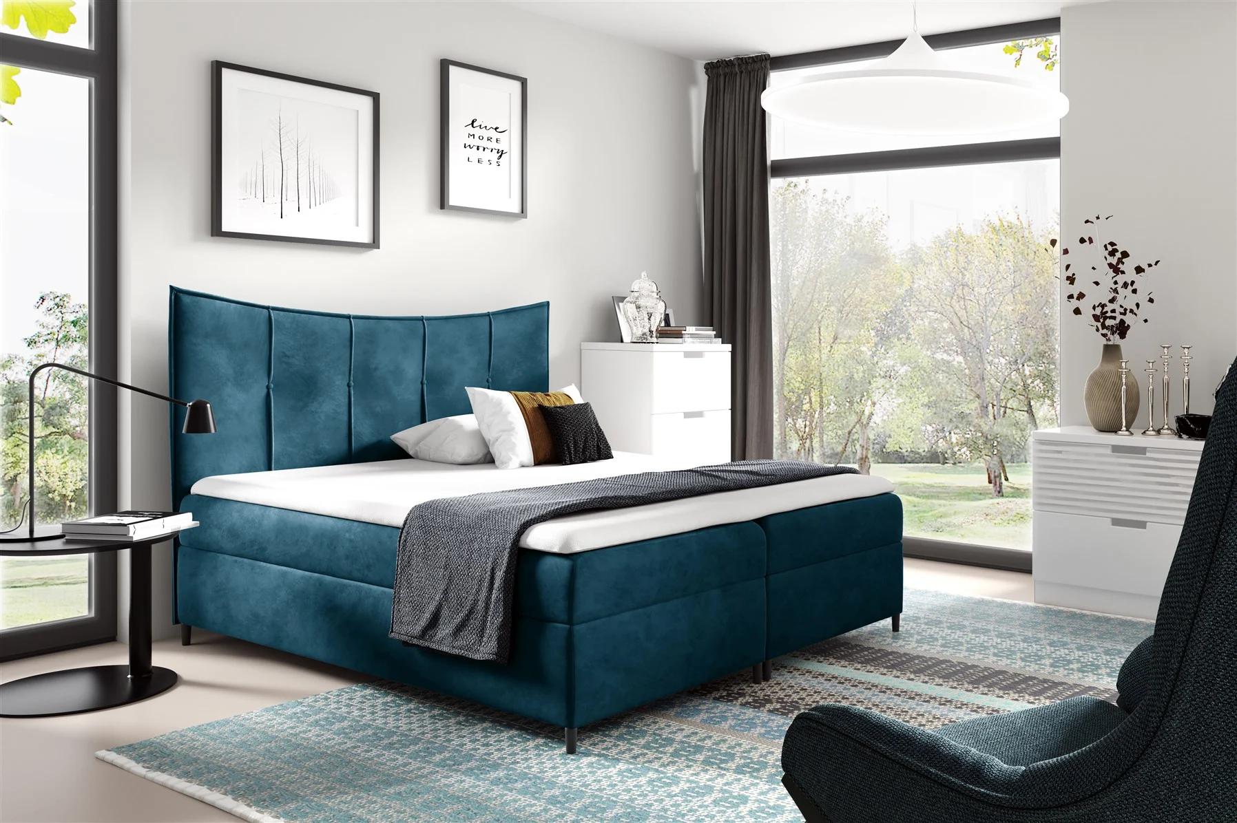 Boxspringbett Schlafzimmerbett FABIEN 120x200cm Blau inkl. Bettkasten - Fun Moebel