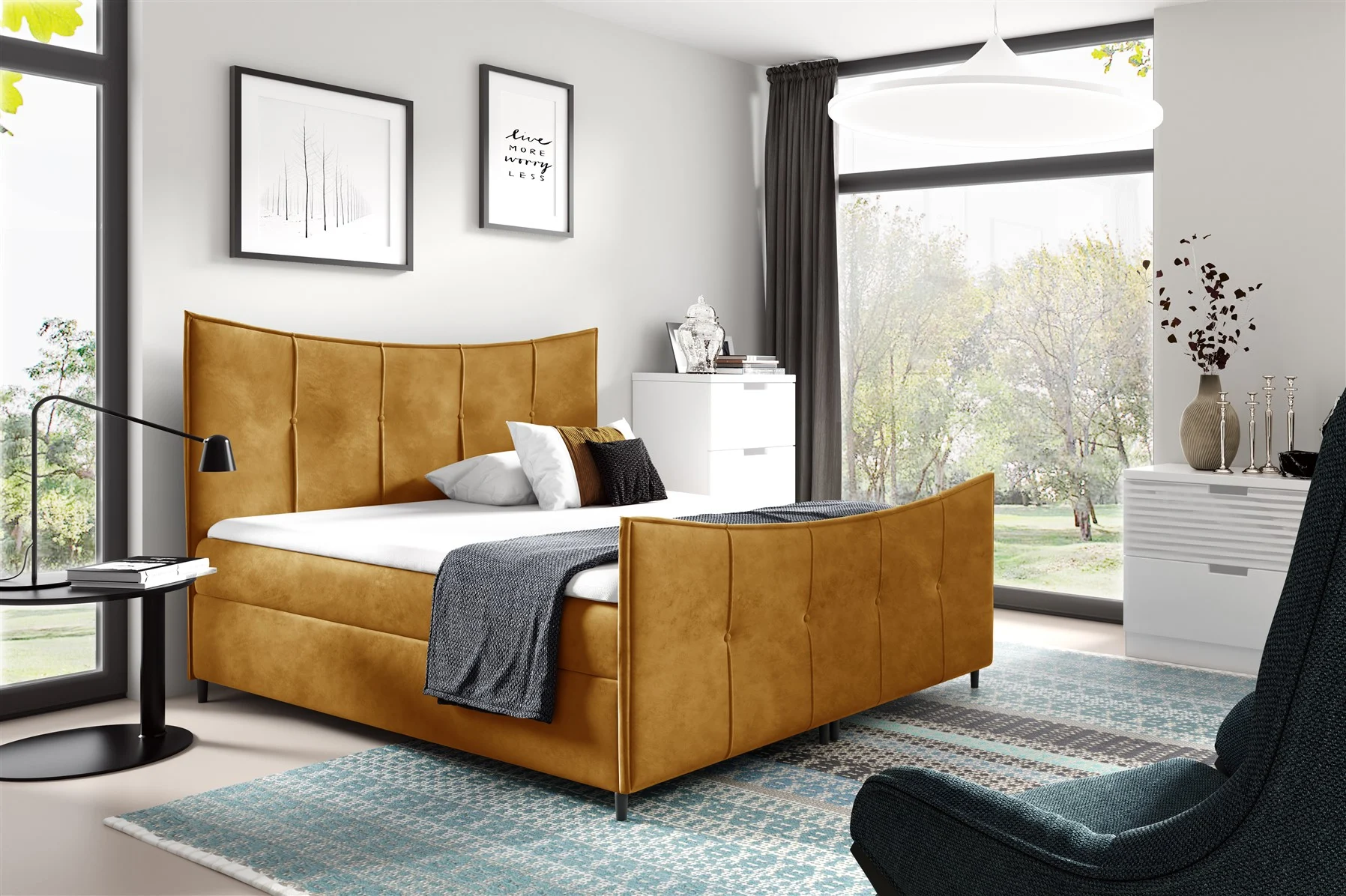 Boxspringbett Schlafzimmerbett FABIEN LUX 120x200cm Gelb inkl. Bettkasten - Fun Moebel