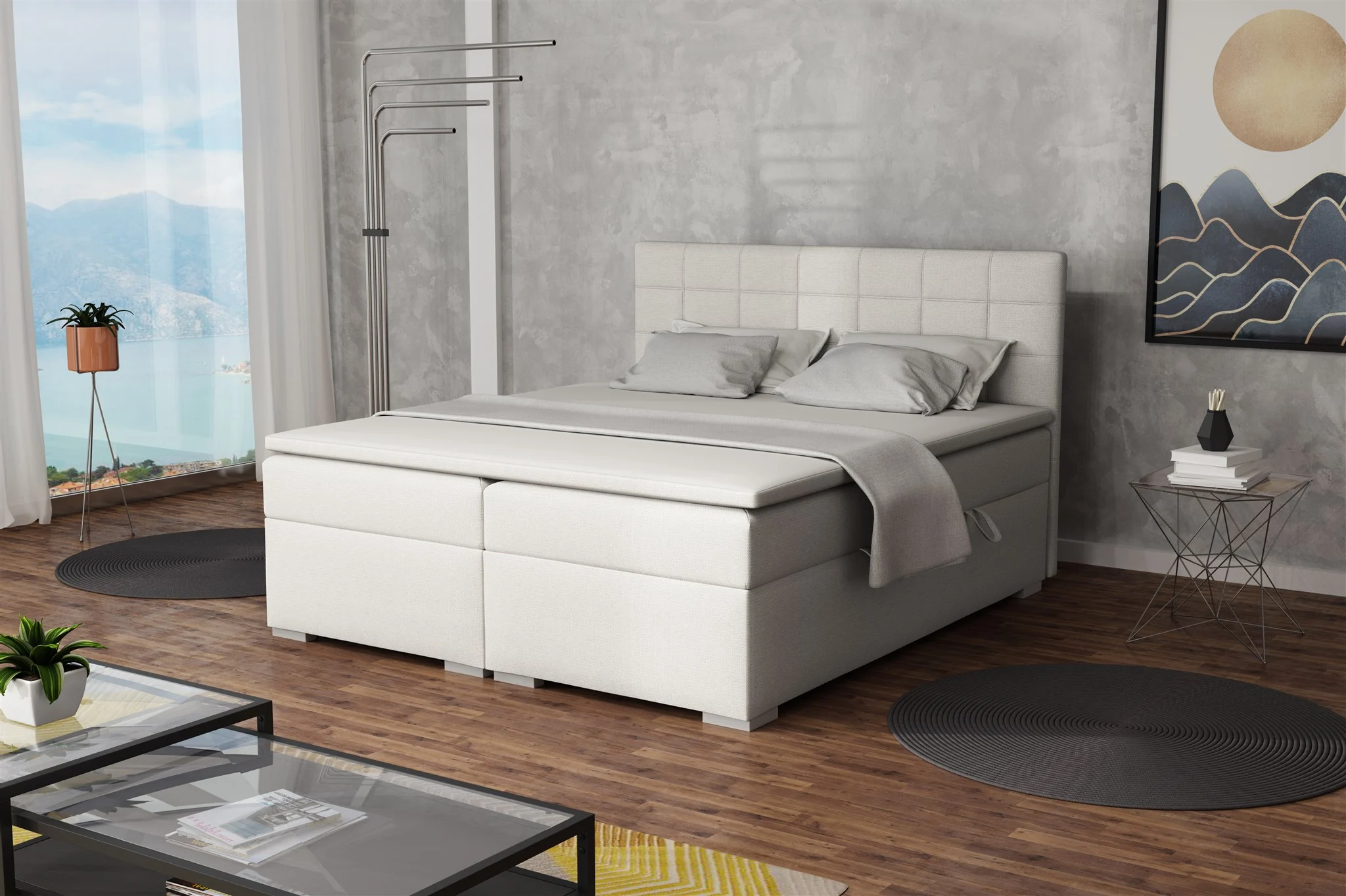 Boxspringbett Schlafzimmerbett FARUK 140x200cm Stoff Aragon Ecru - Fun Moebel