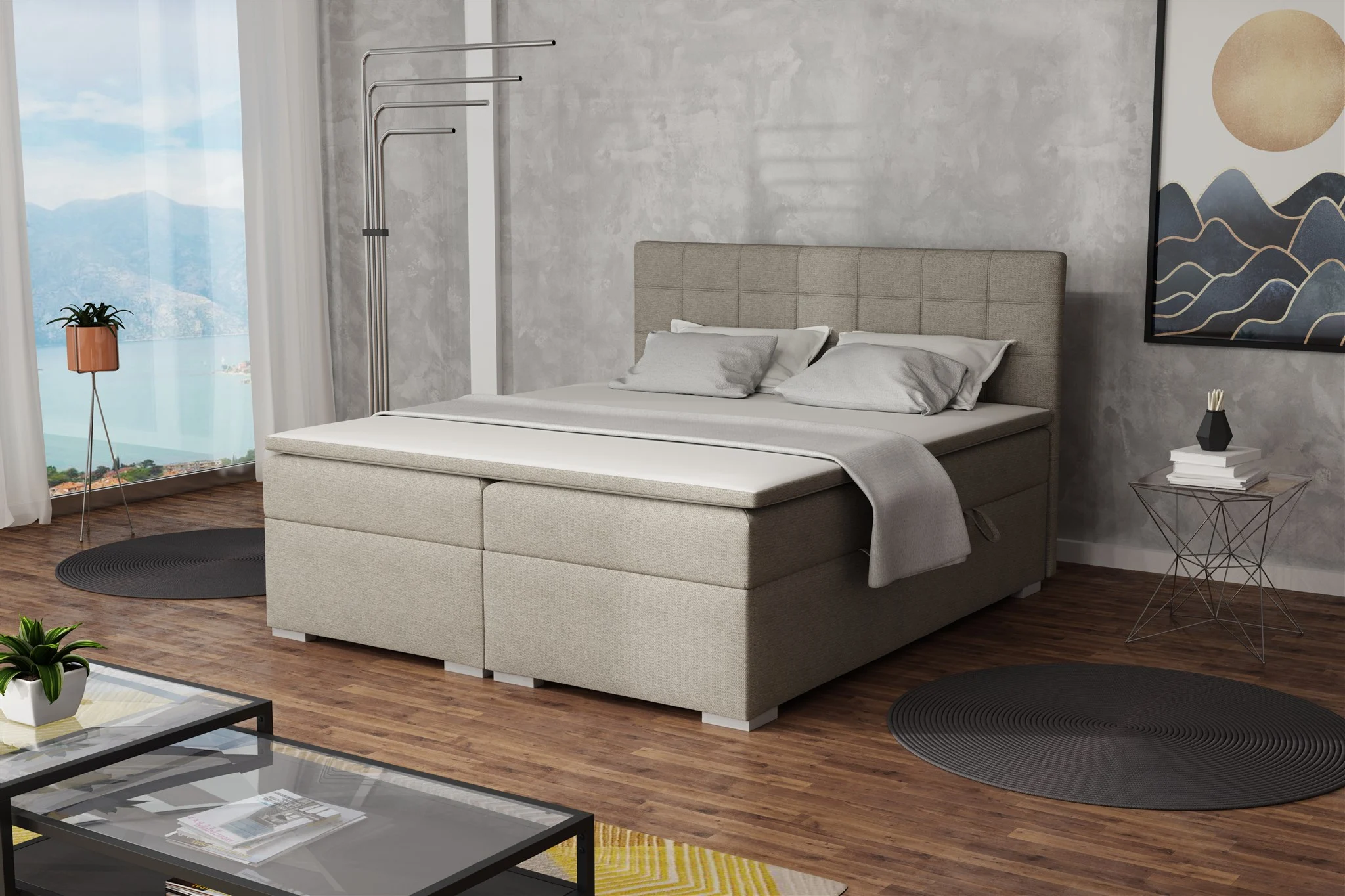 Boxspringbett Schlafzimmerbett FARUK 140x200cm Stoff Aragon Cappuccino - Fun Moebel