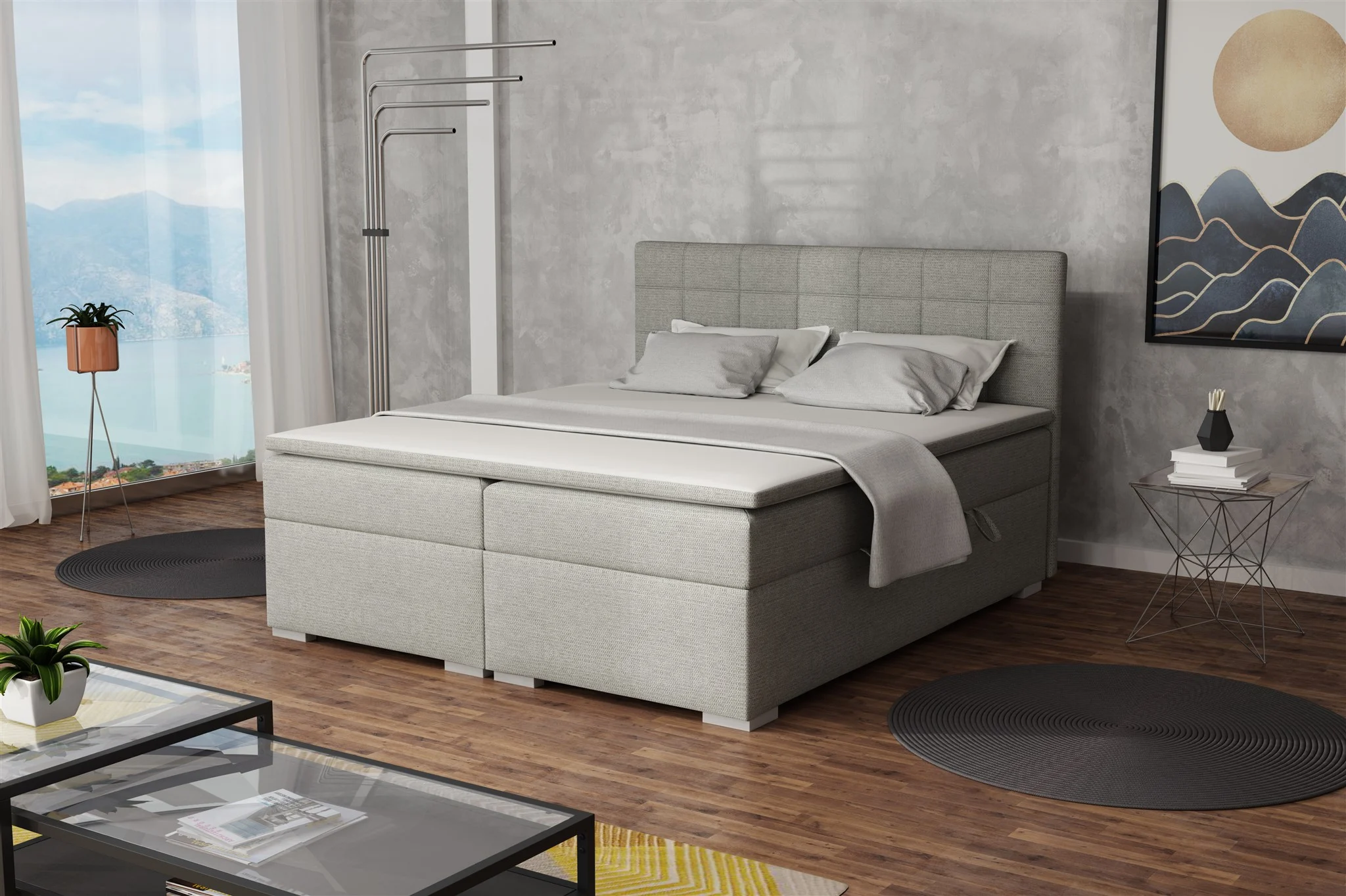 Boxspringbett Schlafzimmerbett FARUK 140x200cm Stoff Aragon Hellgrau - Fun Moebel