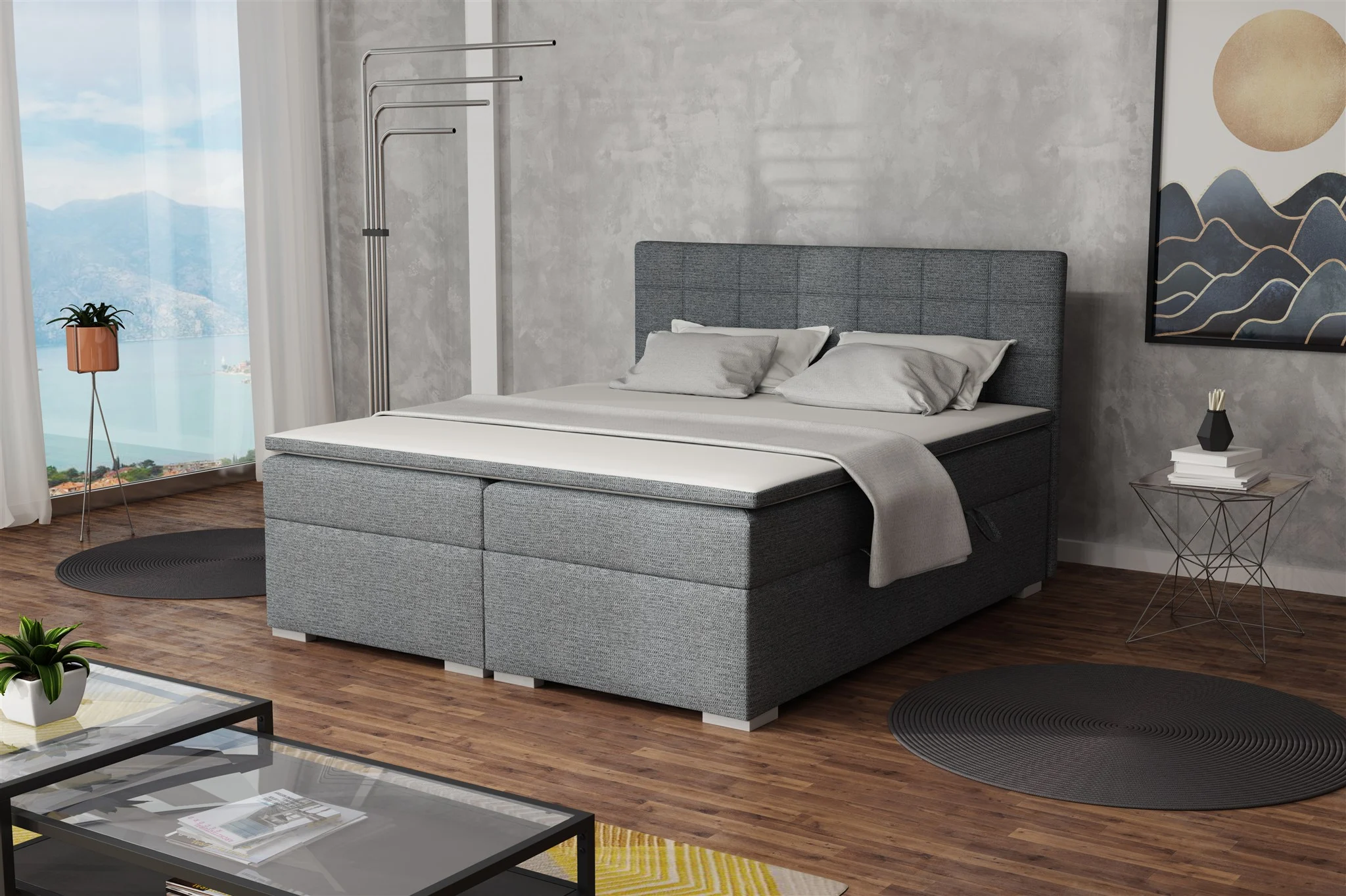 Boxspringbett Schlafzimmerbett FARUK 140x200cm Stoff Aragon Grau - Fun Moebel