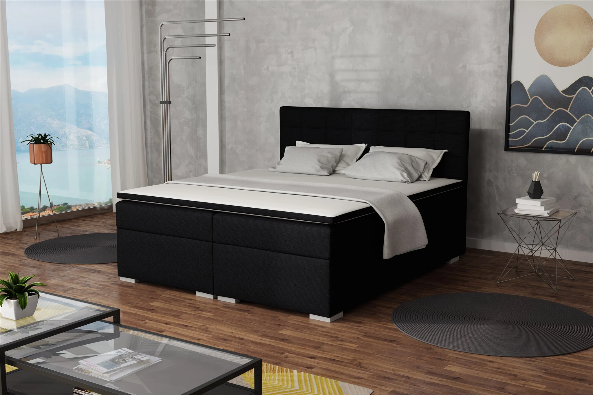 Boxspringbett Schlafzimmerbett FARUK 140x200cm Stoff Inari Schwarz - Fun Moebel