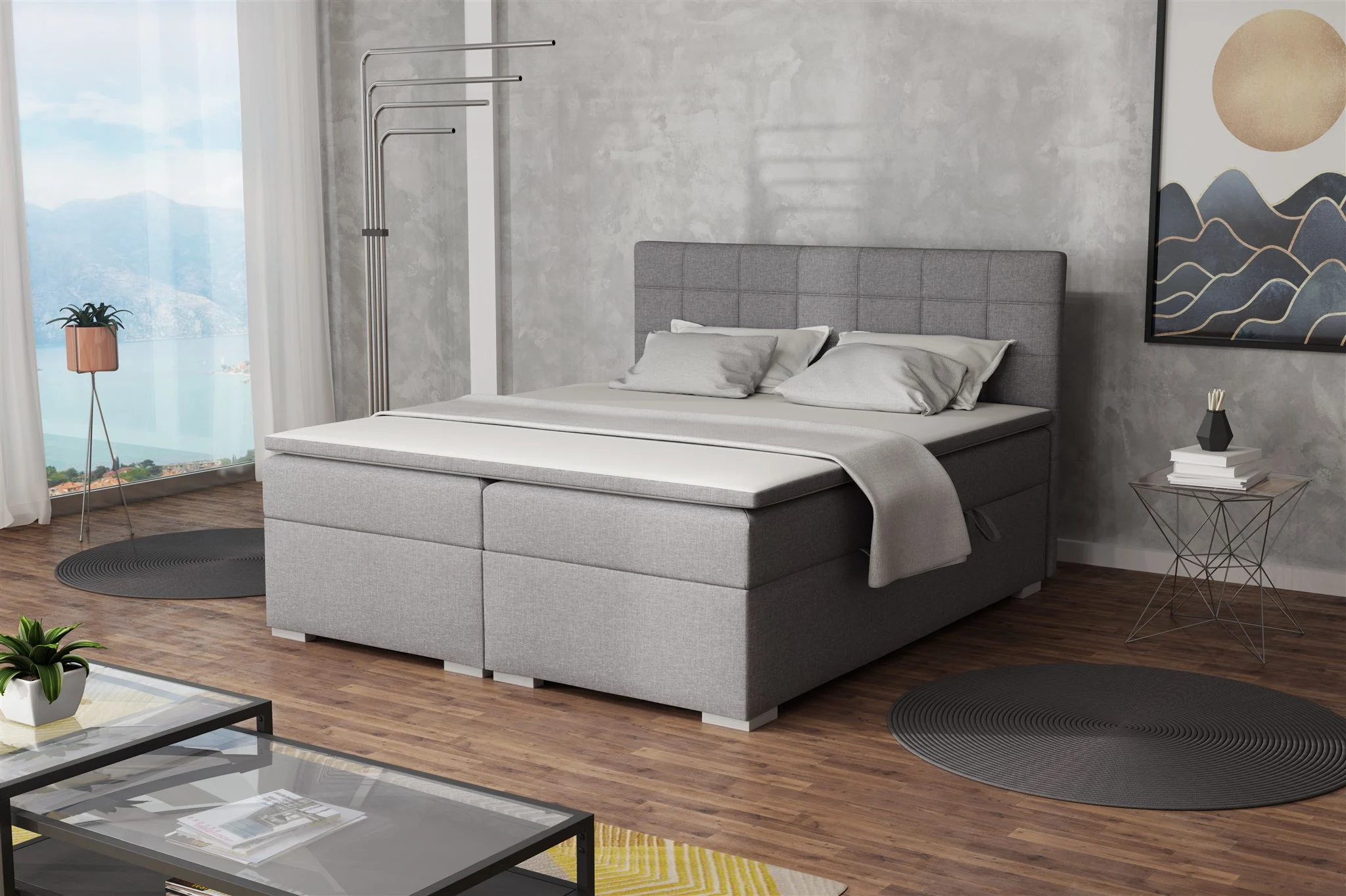 Boxspringbett Schlafzimmerbett FARUK 140x200cm Stoff Lux Hellgrau - Fun Moebel