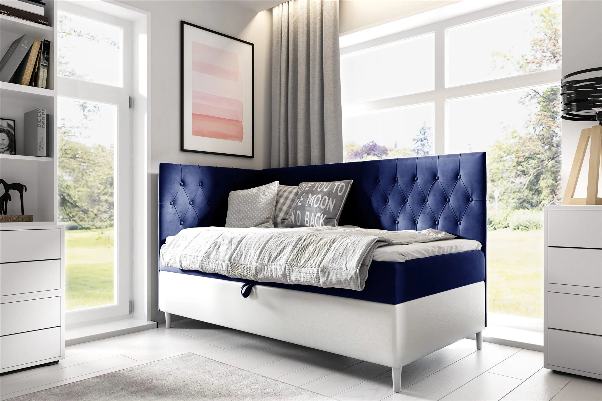 Boxspringbett Gästebett Kinderbett FINJA Nr.3 90x200cm Weiss-Blau Seite Links