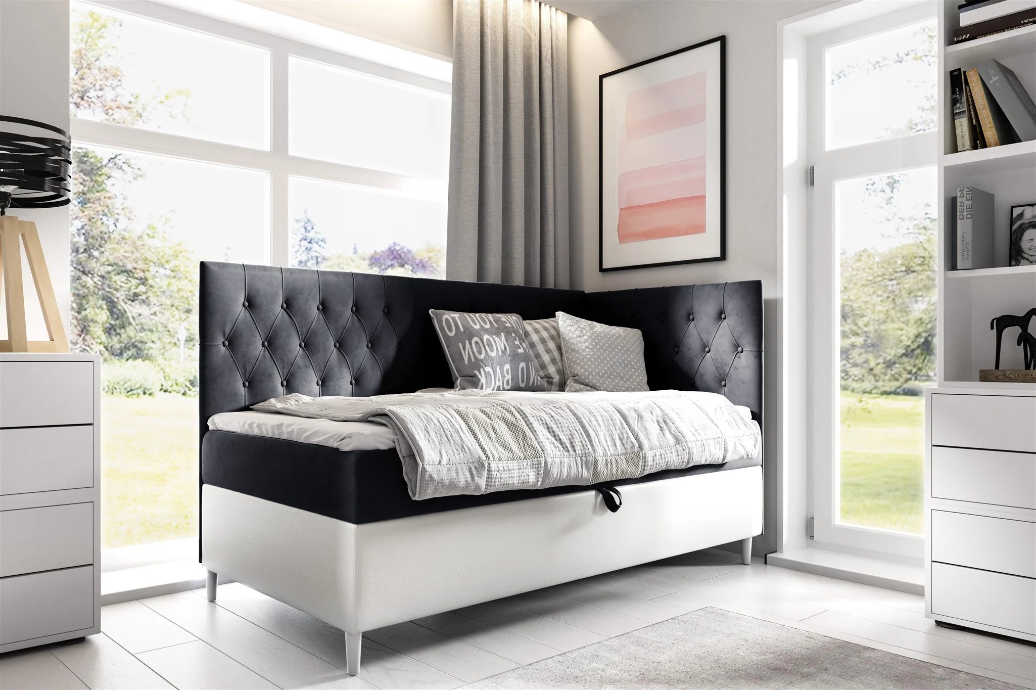 Boxspringbett Gästebett Kinderbett FINJA Nr.3 80x200cm Weiss-Schwarz Seite Rechts