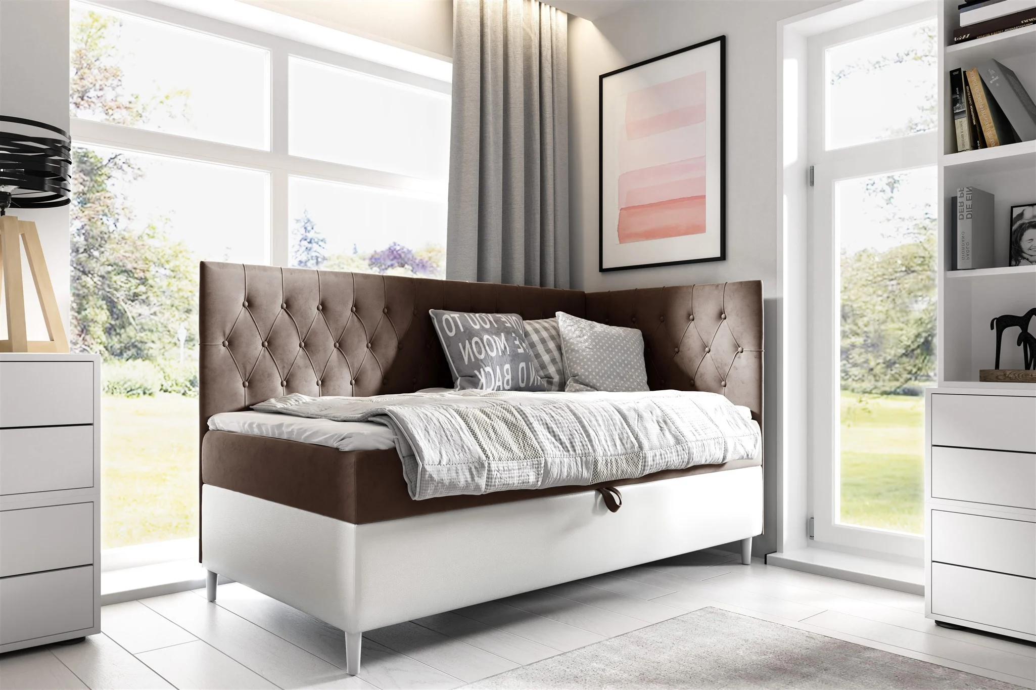 Boxspringbett Gästebett Kinderbett FINJA Nr.3 90x200cm Weiss-Braun Seite Rechts