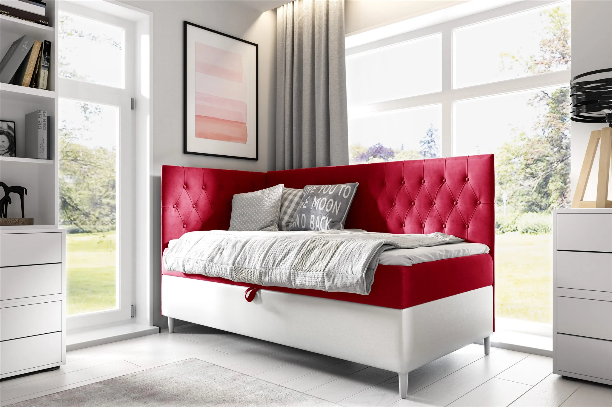 Boxspringbett Gästebett Kinderbett FINJA Nr.3 90x200cm Weiss-Rot Seite Links