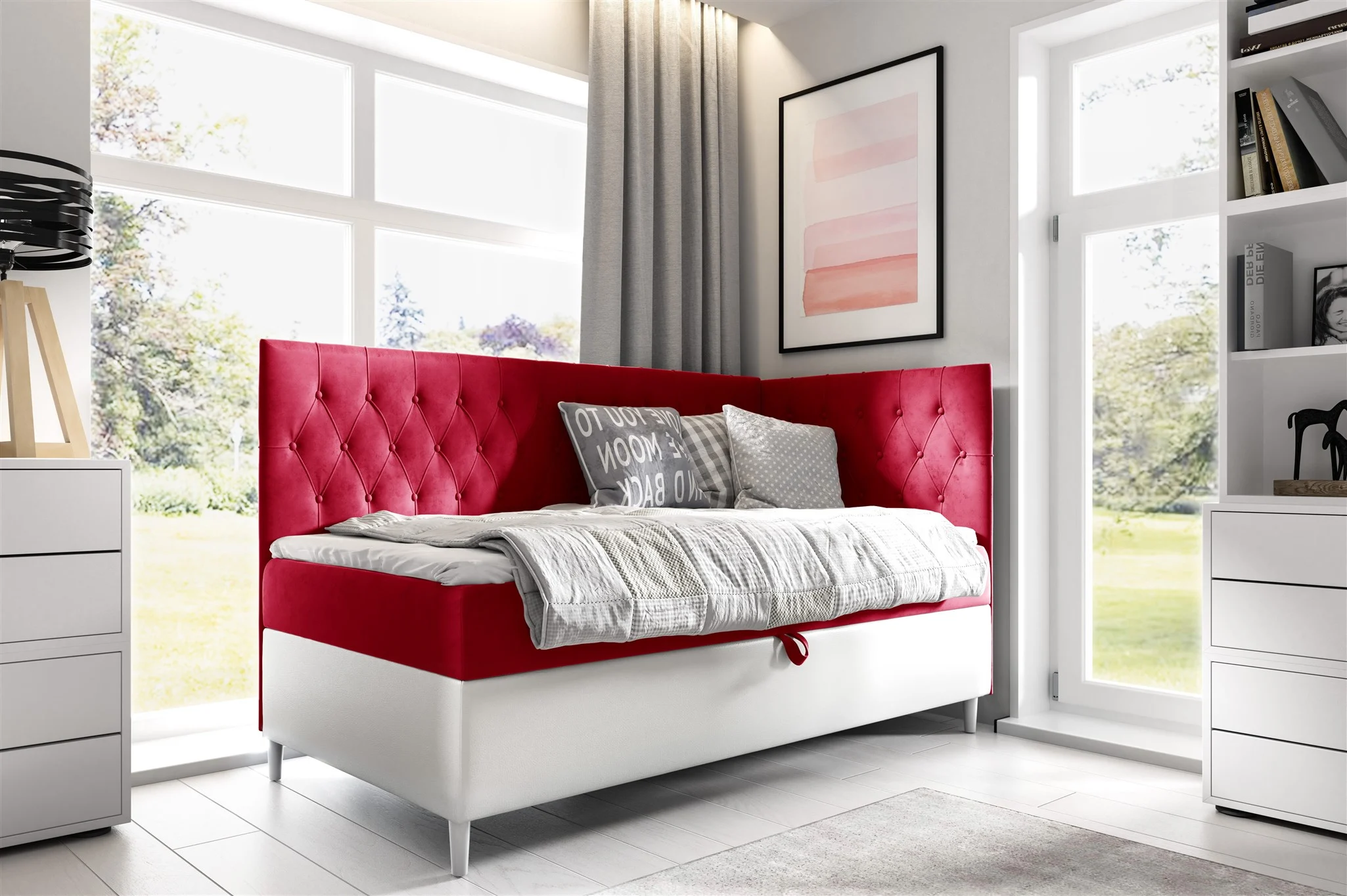 Boxspringbett Gästebett Kinderbett FINJA Nr.3 90x200cm Weiss-Rot Seite Rechts