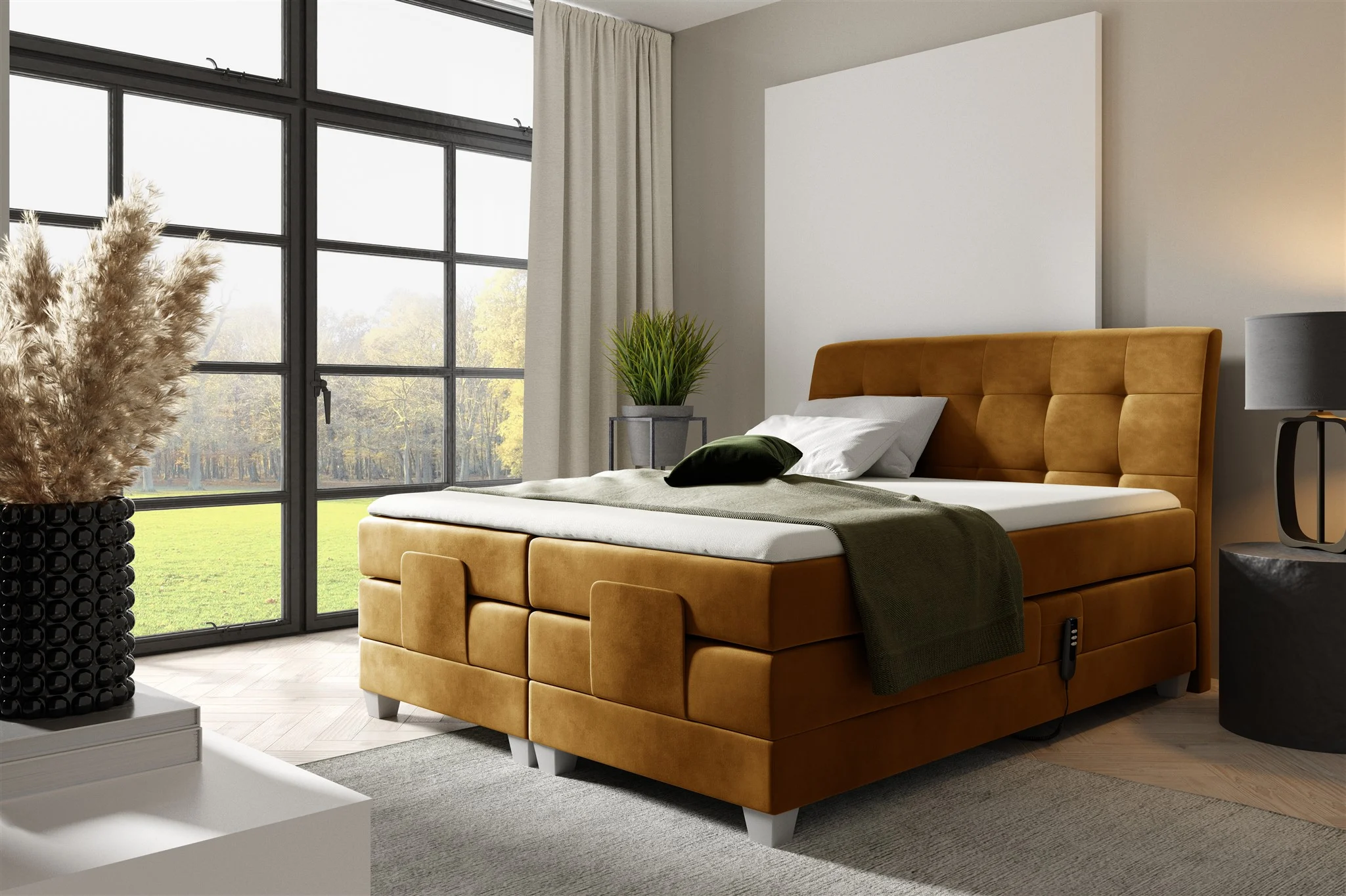 Boxspringbett Elektrisch Bett FRANCO 140x200cm in Stoff Fresh Senfgelb - Fun Möbel