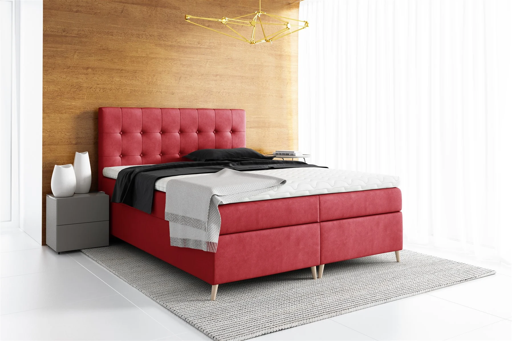 Boxspringbett Schlafzimmerbett GABIN 160x200cm Stoff Jasmine Rot - Fun Moebel