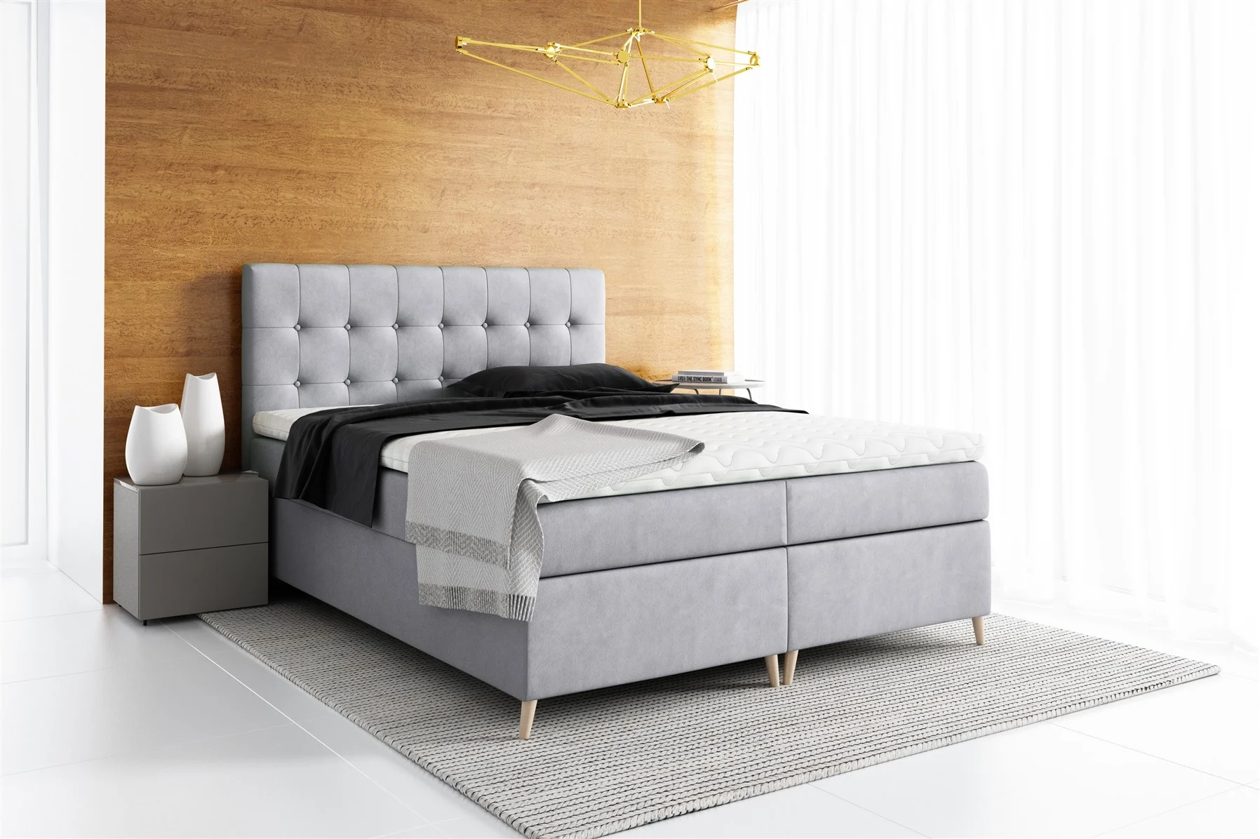 Boxspringbett Schlafzimmerbett GABIN 120x200cm Stoff Jasmine Hellgrau - Fun Moebel