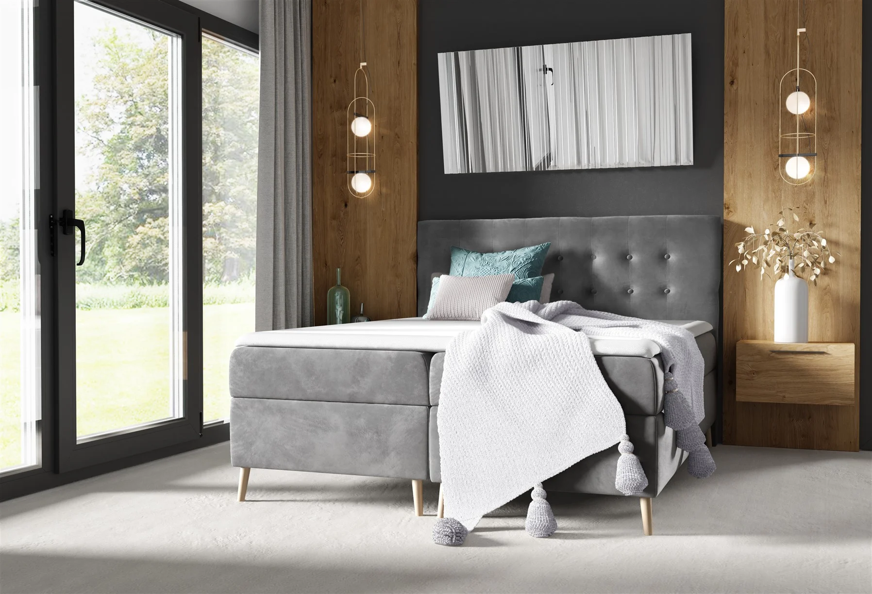 Boxspringbett Schlafzimmerbett GABIN 120x200cm Stoff Fresh Grau - Fun Moebel