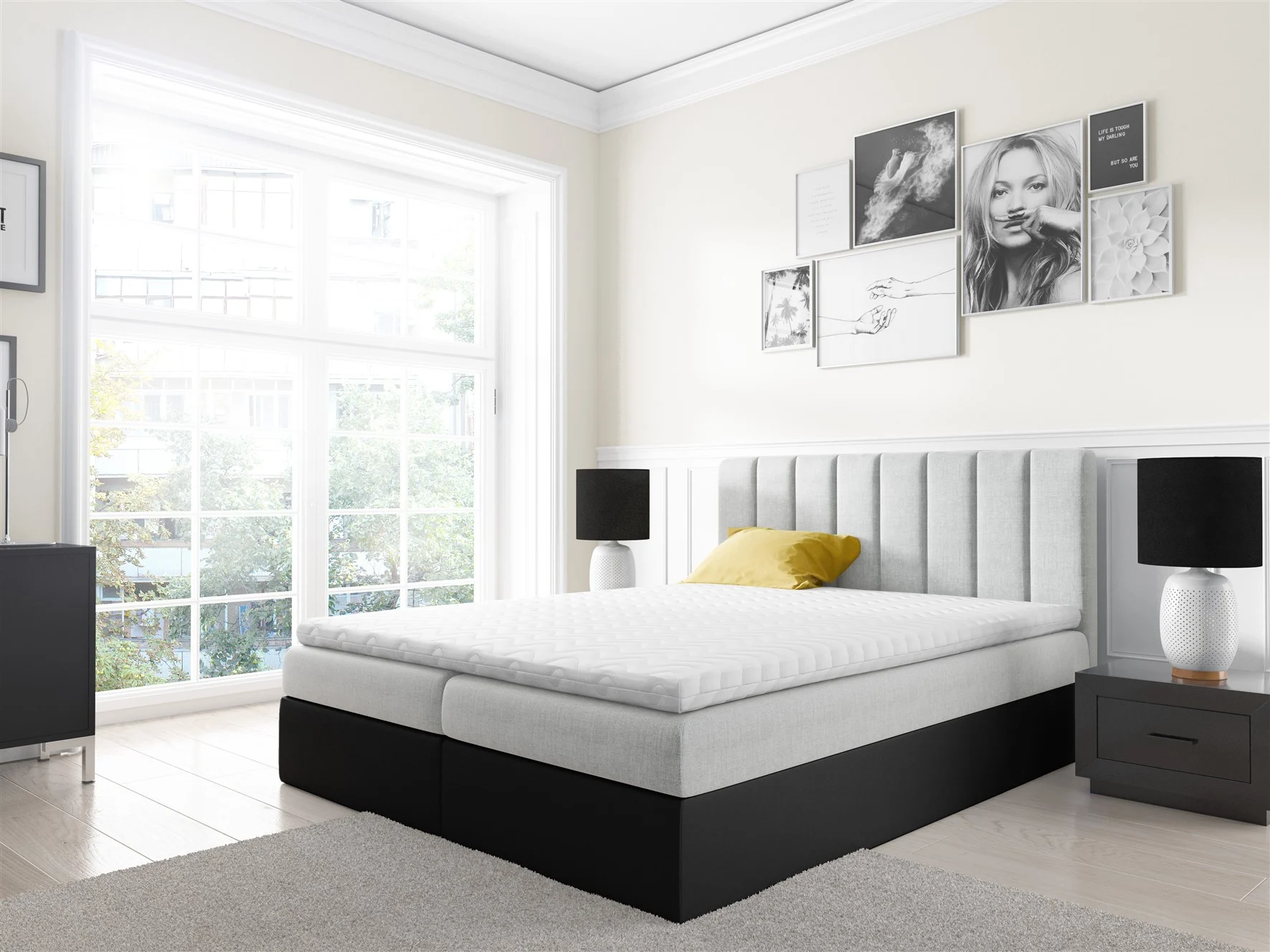 Boxspringbett Schlafzimmerbett GABRIEL 160x200cm Hellgrau-Schwarz