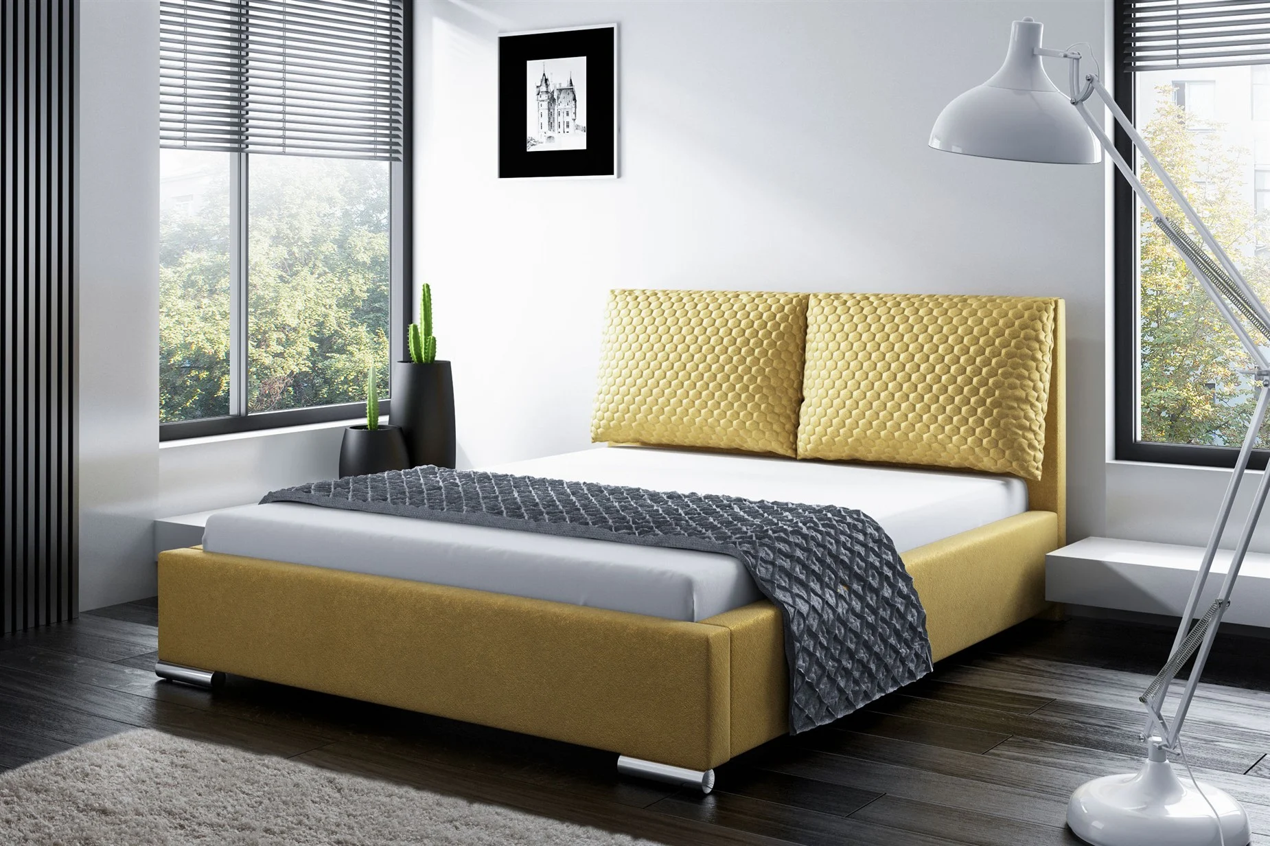 Polsterbett Bett Doppelbett GALENO 140x200 cm in Stoff Gelb - Fun Möbel