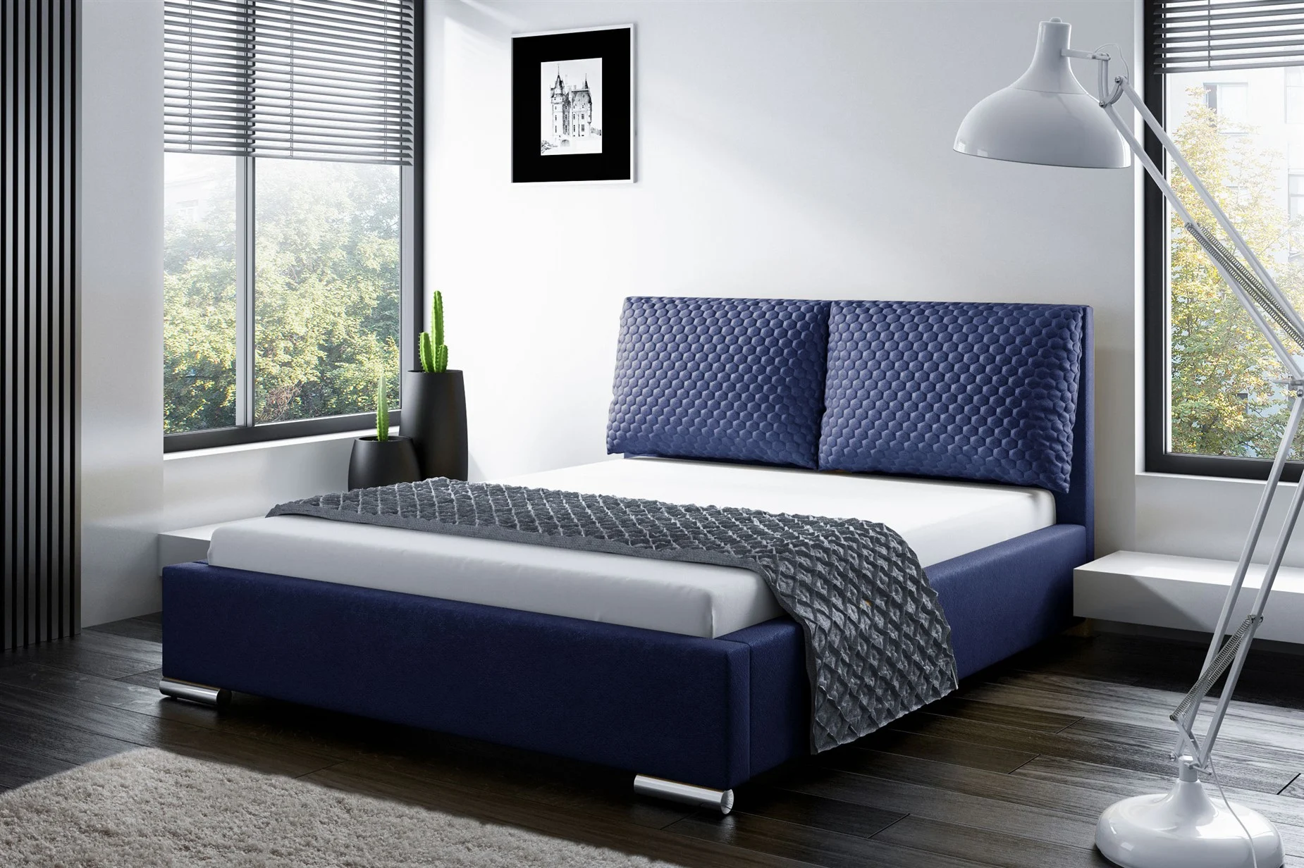 Polsterbett Bett Doppelbett GALENO 160x200 cm in Stoff Dunkelblau - Fun Möbel