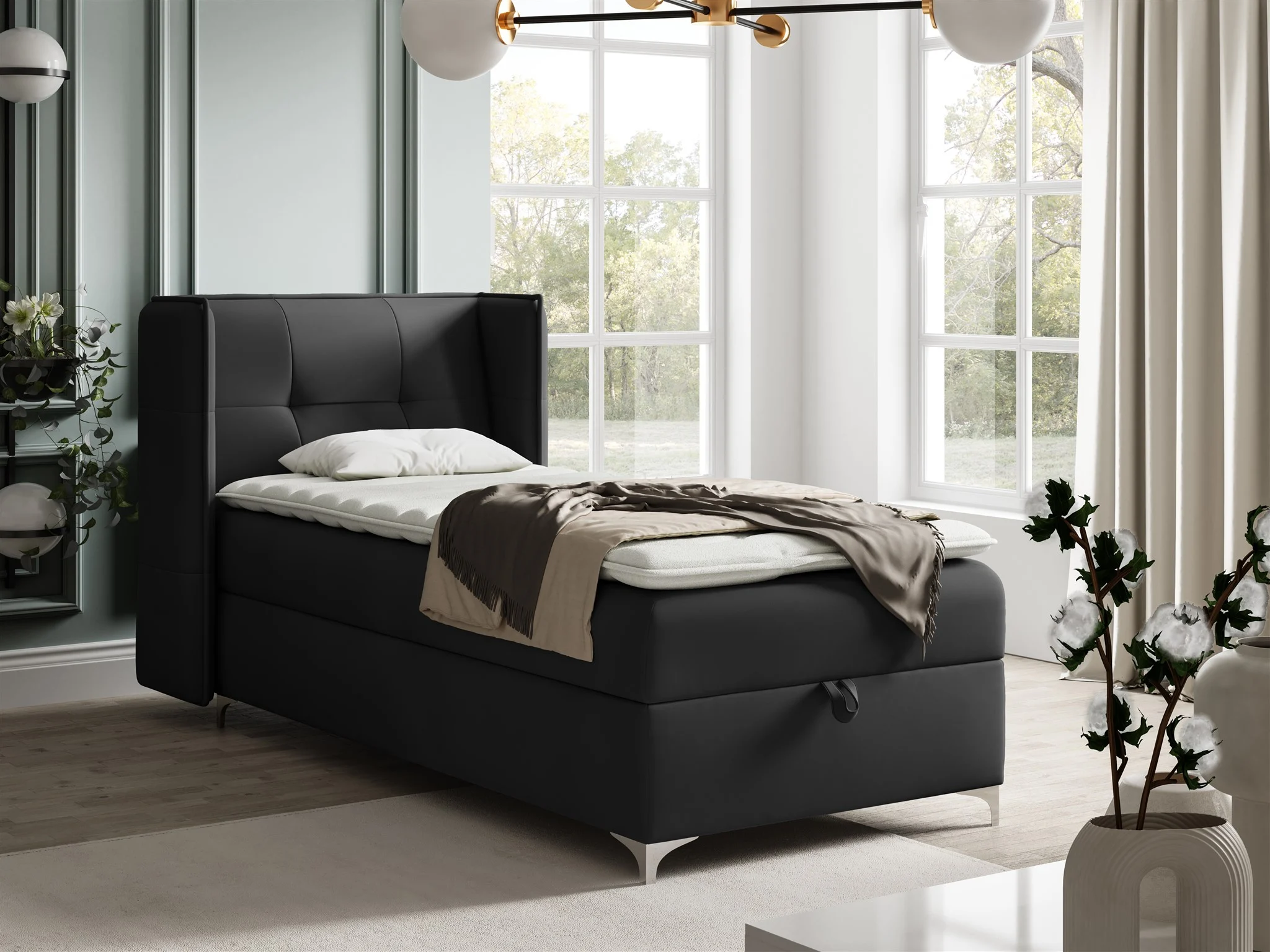 Boxspringbett Bett Gästebett 90x200cm GENET Stoff Matt Velvet Schwarz - Fun Möbel