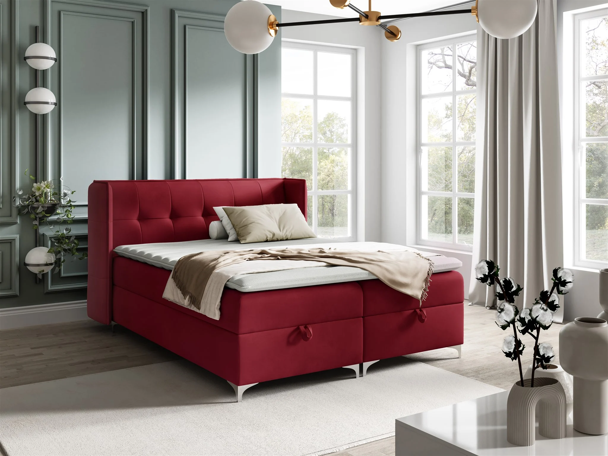 Boxspringbett Bett Schlafzimmerbett 120x200cm GENET Stoff Matt Velvet Bordeauxrot - Fun Möbel
