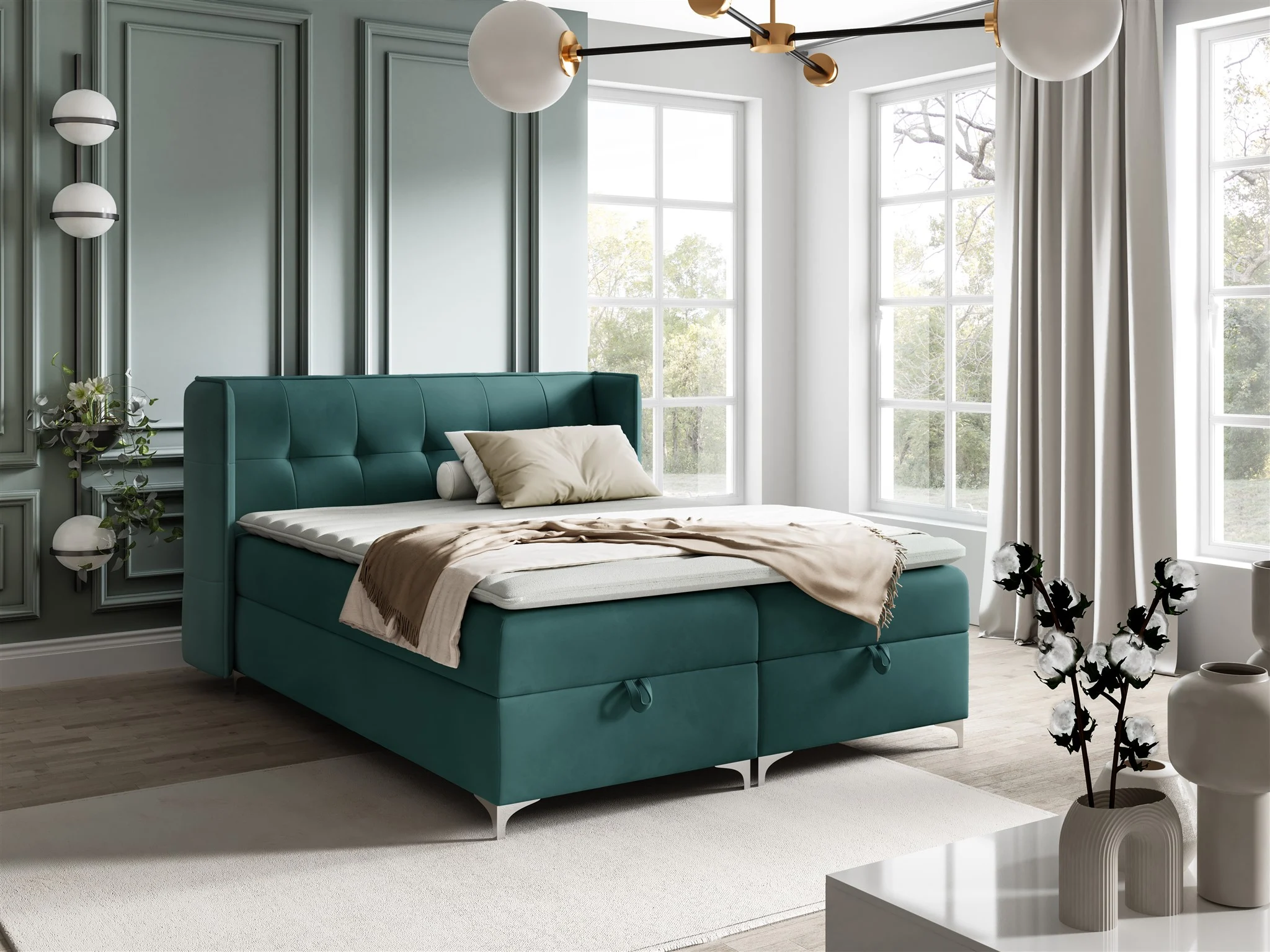 Boxspringbett Bett Schlafzimmerbett 120x200cm GENET Stoff Matt Velvet Meeresgrün - Fun Möbel
