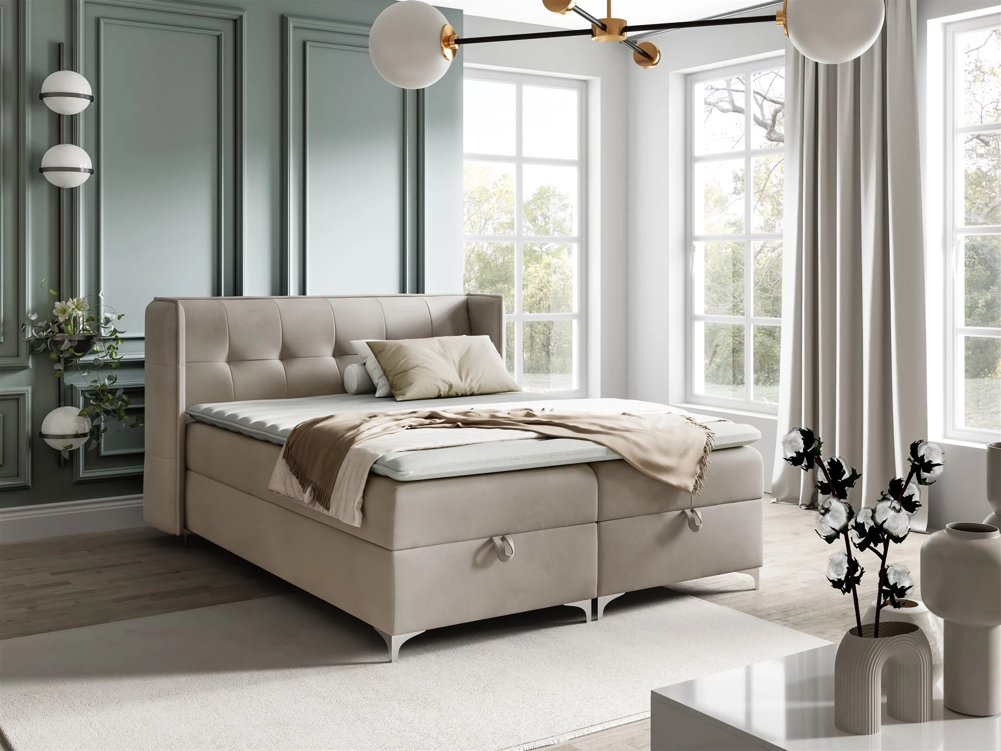 Boxspringbett Bett Schlafzimmerbett 120x200cm GENET Stoff Matt Velvet Graubeige - Fun Möbel