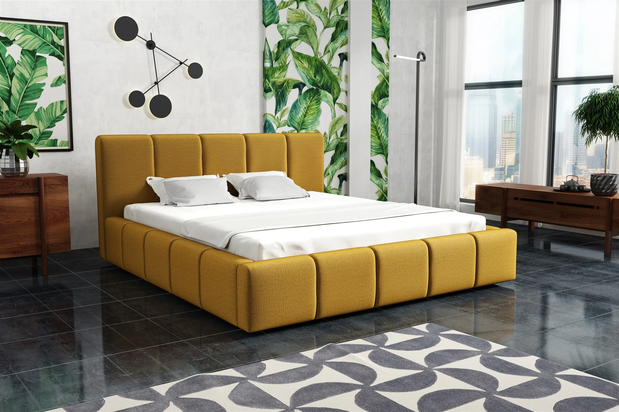 Polsterbett Bett Doppelbett GENUA Komplettset 120x200cm Stoff Monolith Gelb - Fun Möbel