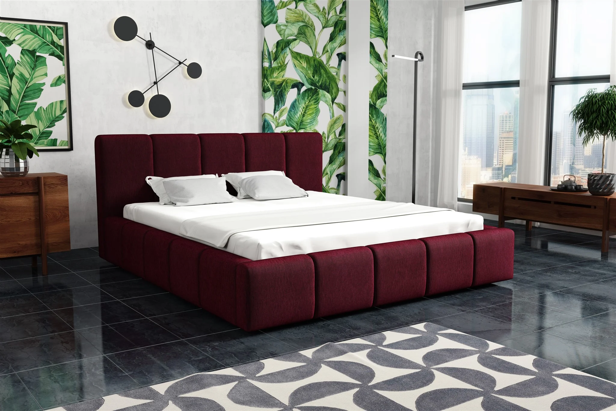 Polsterbett Bett Doppelbett GENUA Komplettset 120x200cm Stoff Monolith Bordeauxrot - Fun Möbel