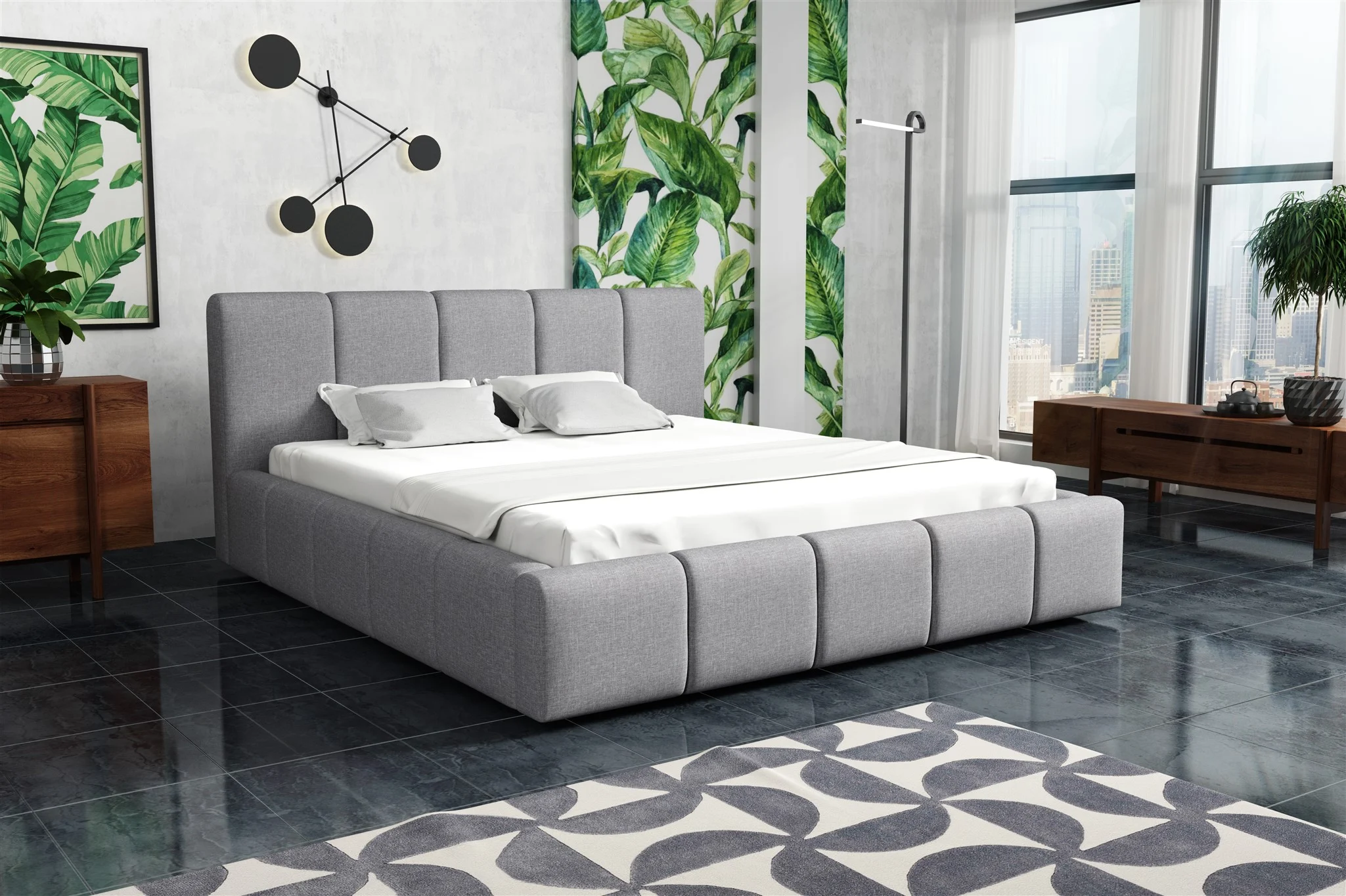 Polsterbett Bett Doppelbett GENUA Komplettset 200x200cm Stoff Sawana Hellgrau - Fun Möbel