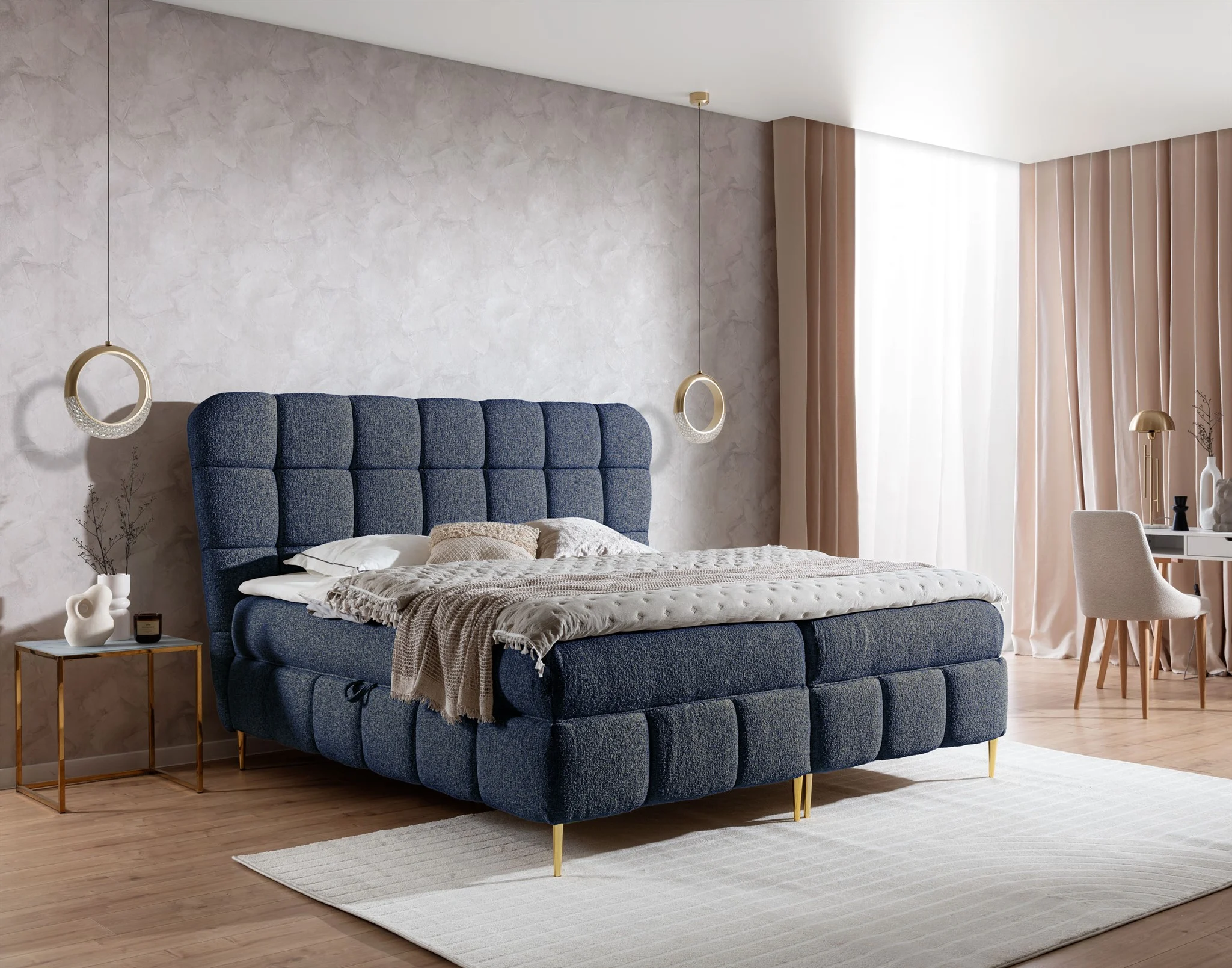 Boxspringbett Schlafzimmerbett GRAZIA 140x200cm Stoff Corbett Dunkelblau - Fun Möbel