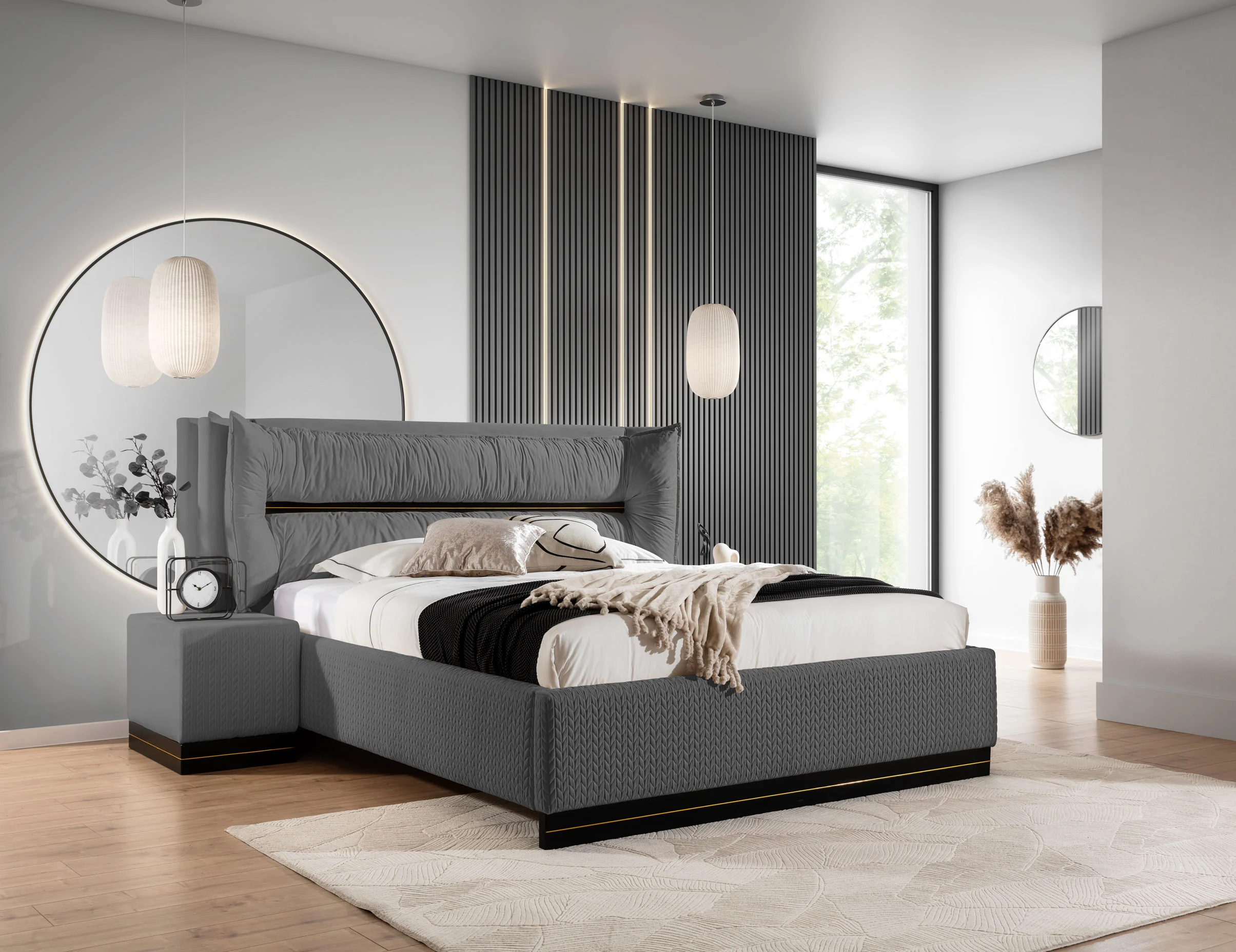 Polsterbett Doppelbett Set.1 HAMILTON 140x200cm Stoff Magic Velvet Grafit - Fun Möbel