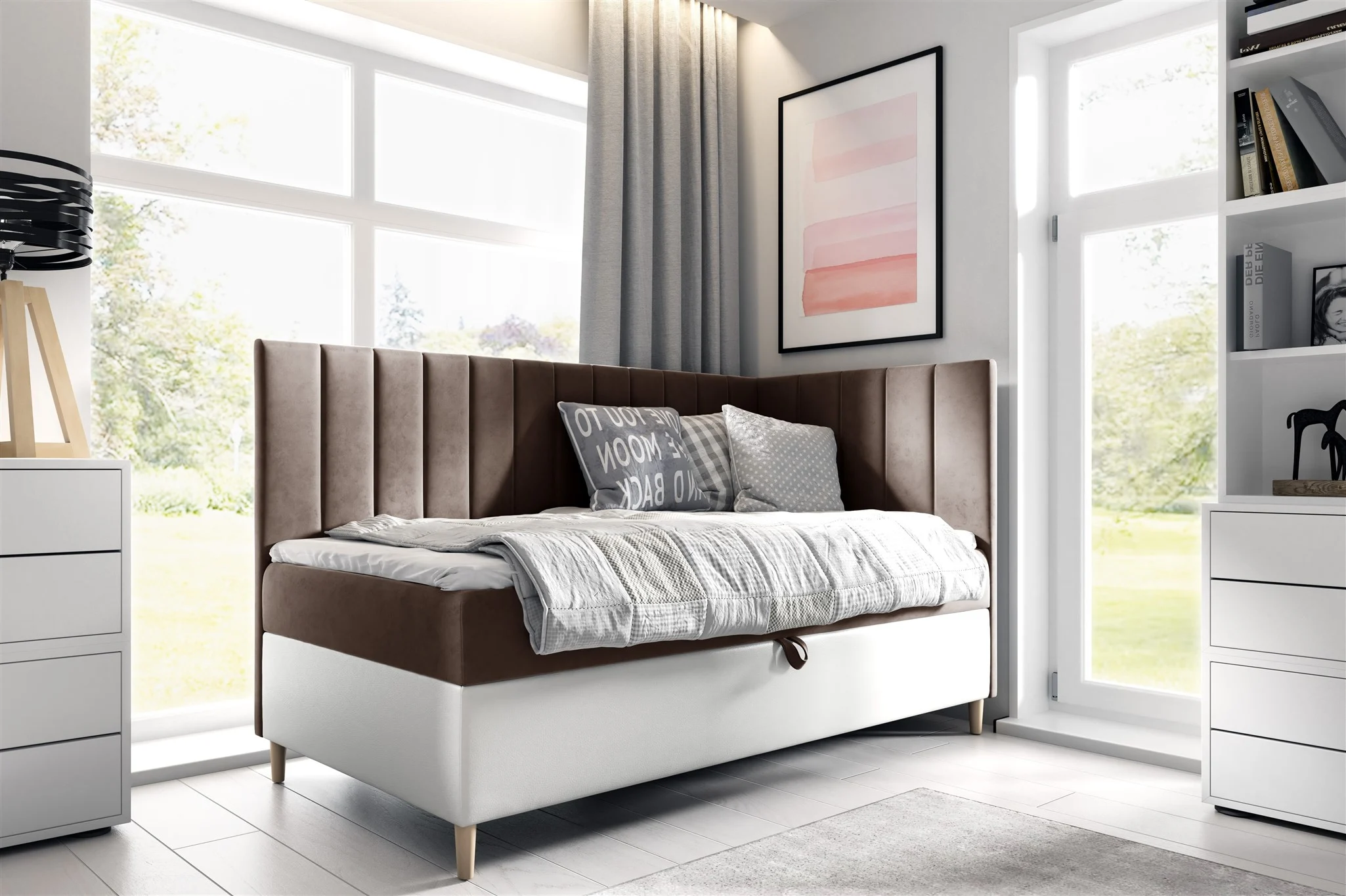 Boxspringbett Gästebett Kinderbett HELVI Nr.3 90x200cm Weiss-Braun Seite Rechts