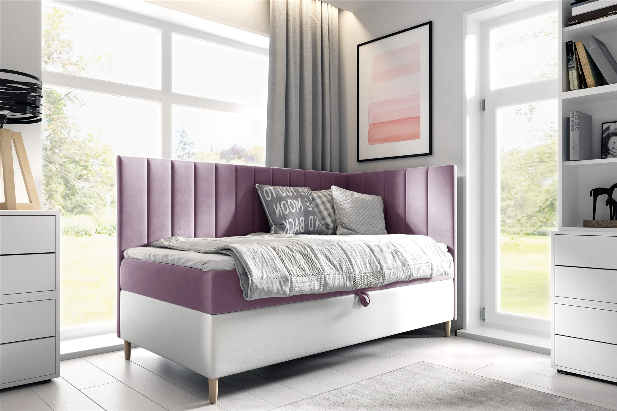 Boxspringbett Gästebett Kinderbett HELVI Nr.3 80x200cm Weiss-Rosa Seite Rechts