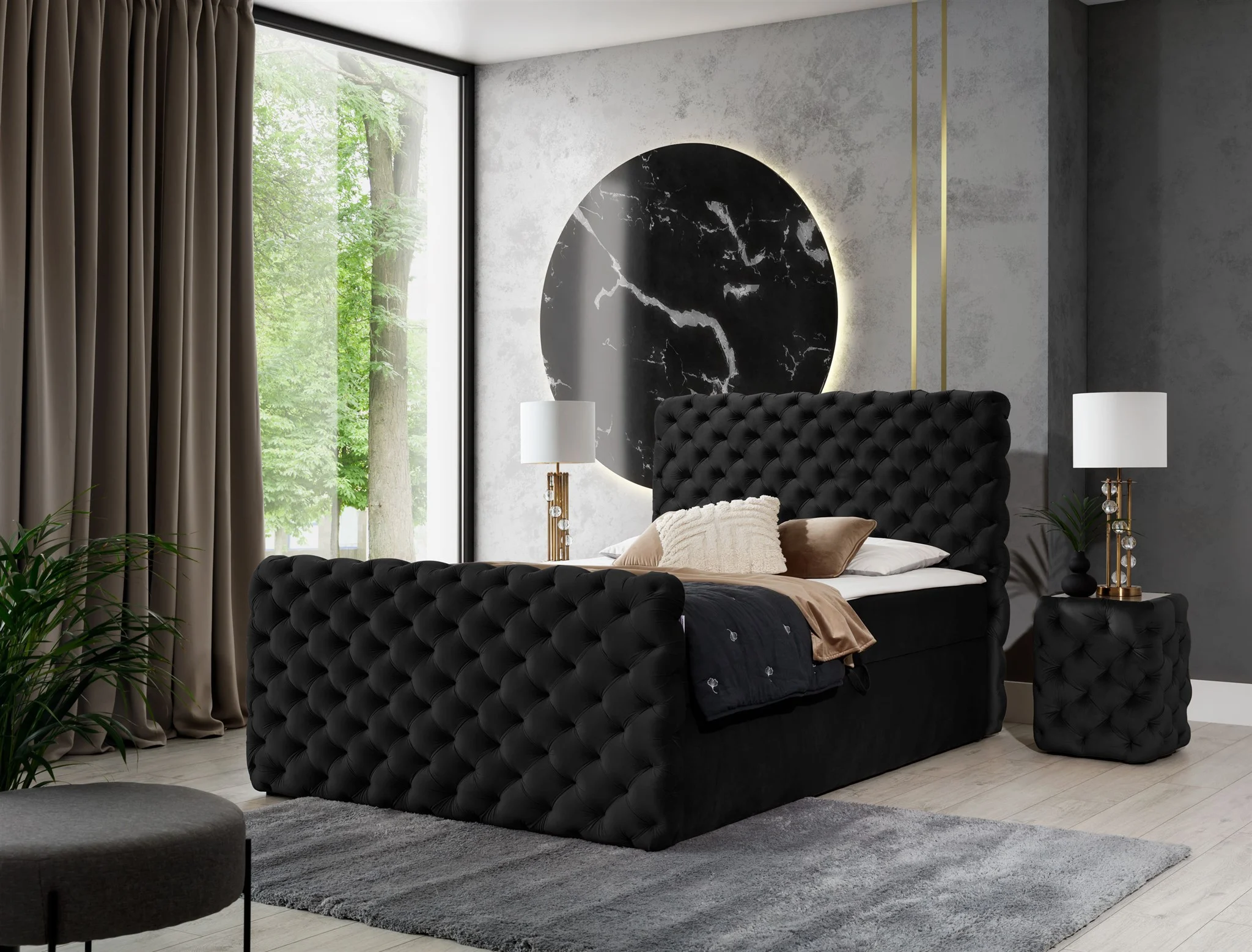 Boxspringbett Schlafzimmerbett HIMAL 120x200cm in Stoff Riviera Schwarz - Fun Moebel