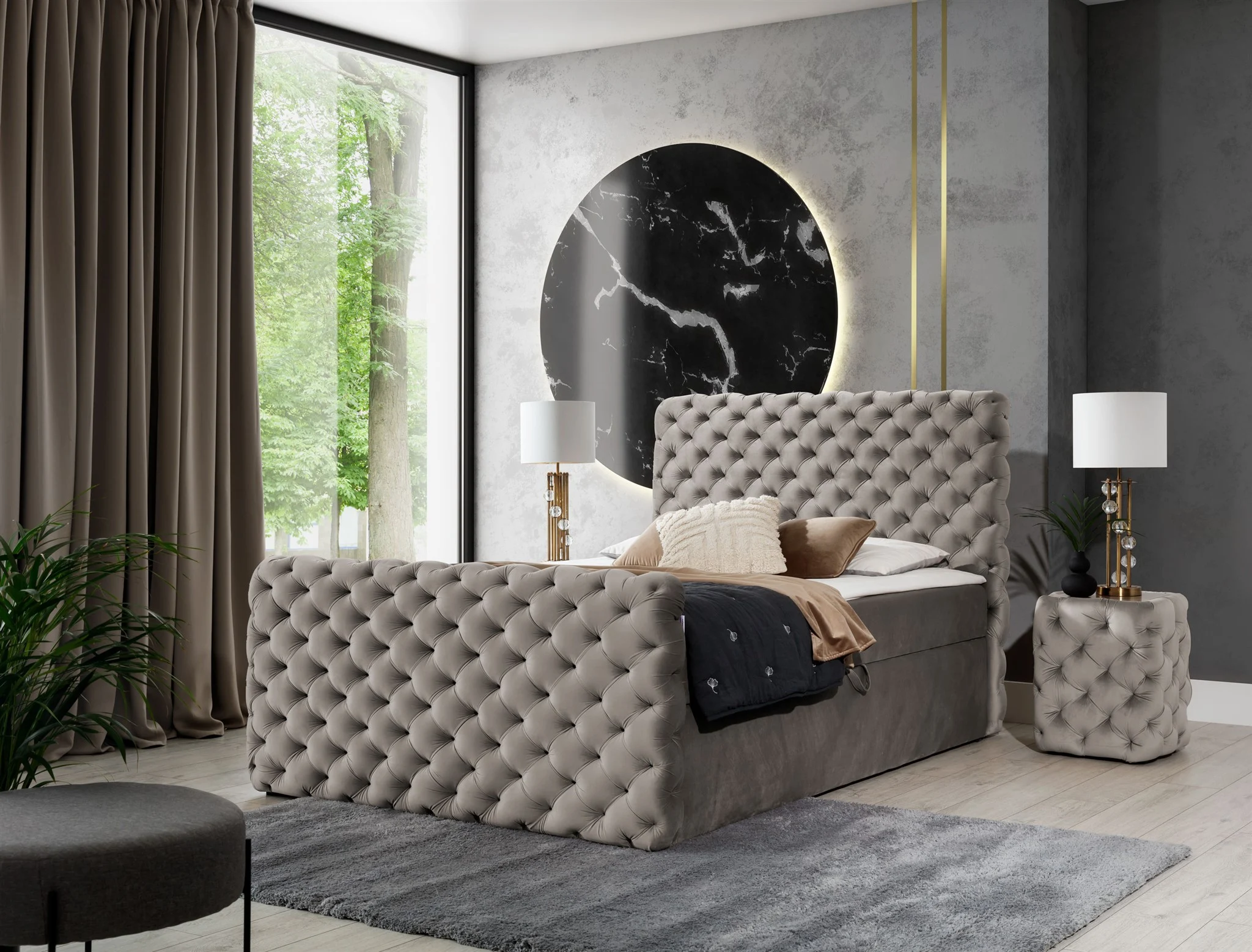 Boxspringbett Schlafzimmerbett HIMAL 160x200cm in Stoff Riviera Beige - Fun Moebel