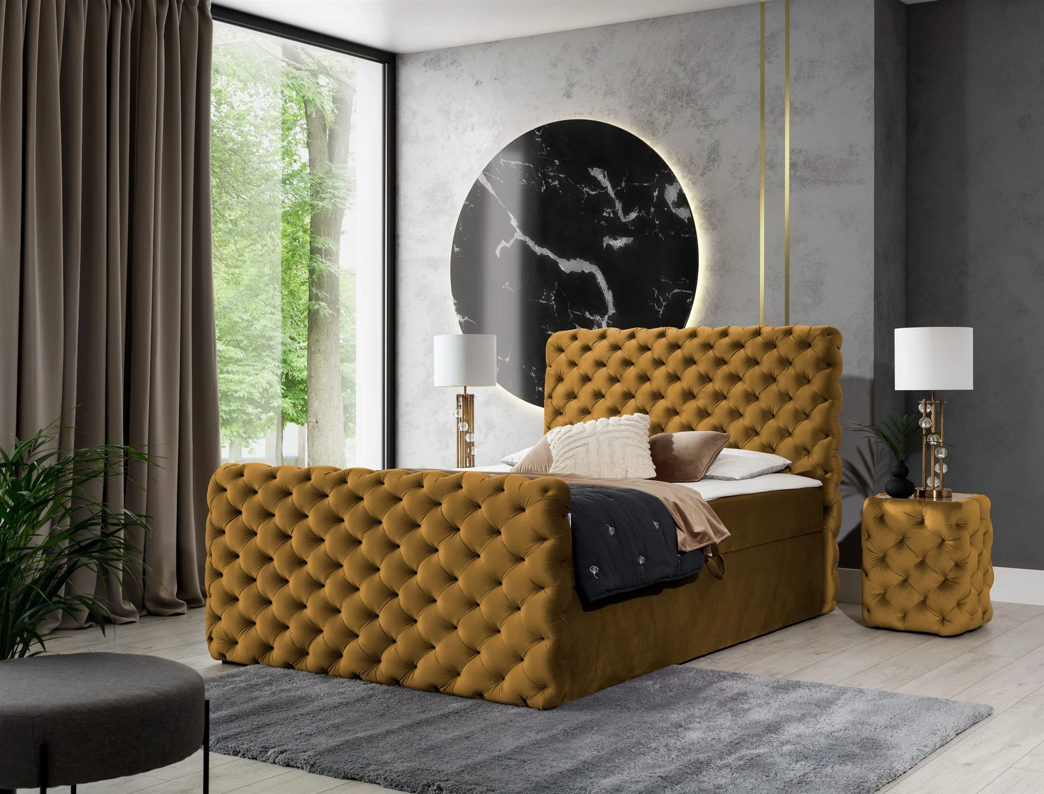 Boxspringbett Schlafzimmerbett HIMAL 120x200cm in Stoff Riviera Goldgelb - Fun Moebel