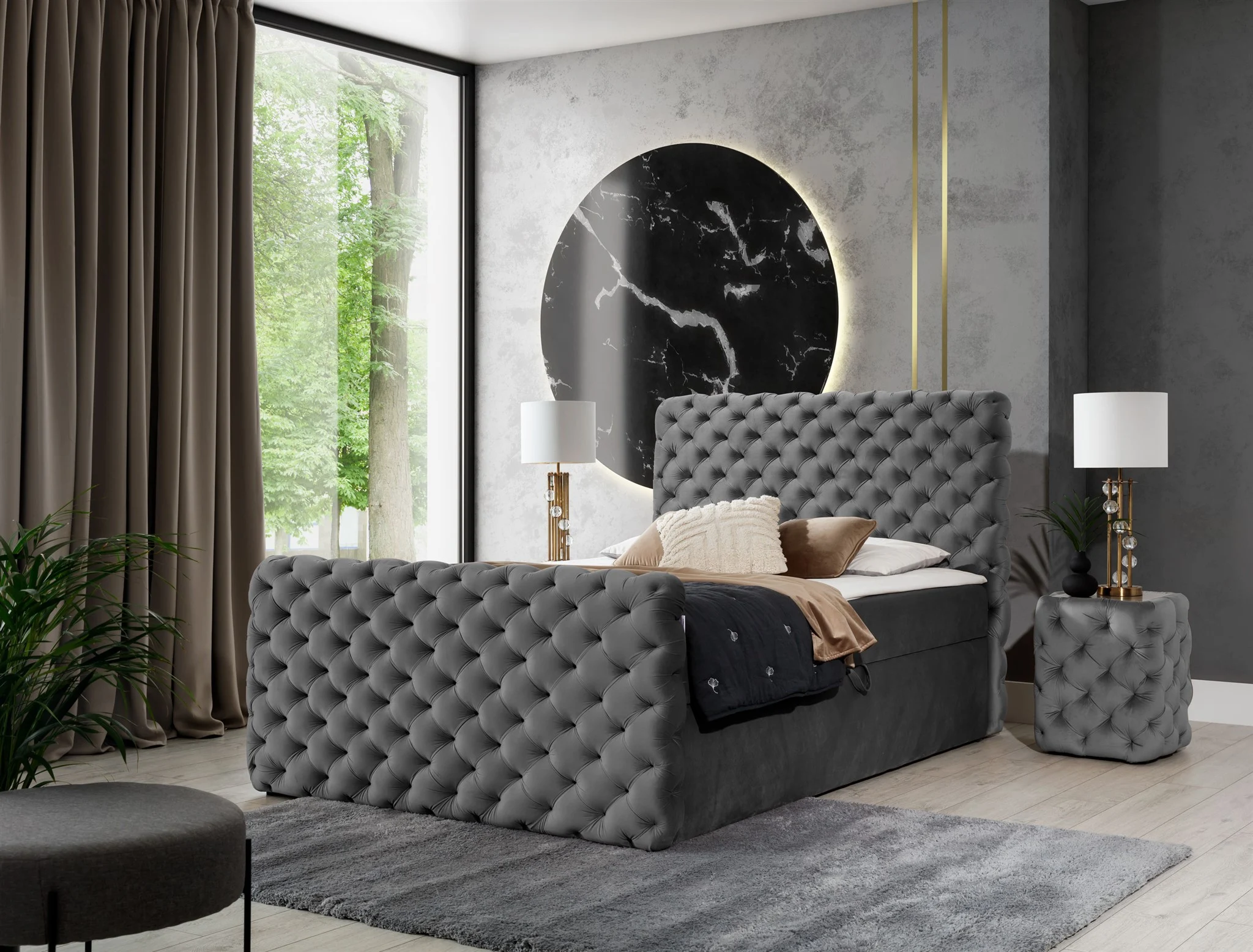 Boxspringbett Schlafzimmerbett HIMAL 140x200cm in Stoff Riviera Dunkelgrau - Fun Moebel