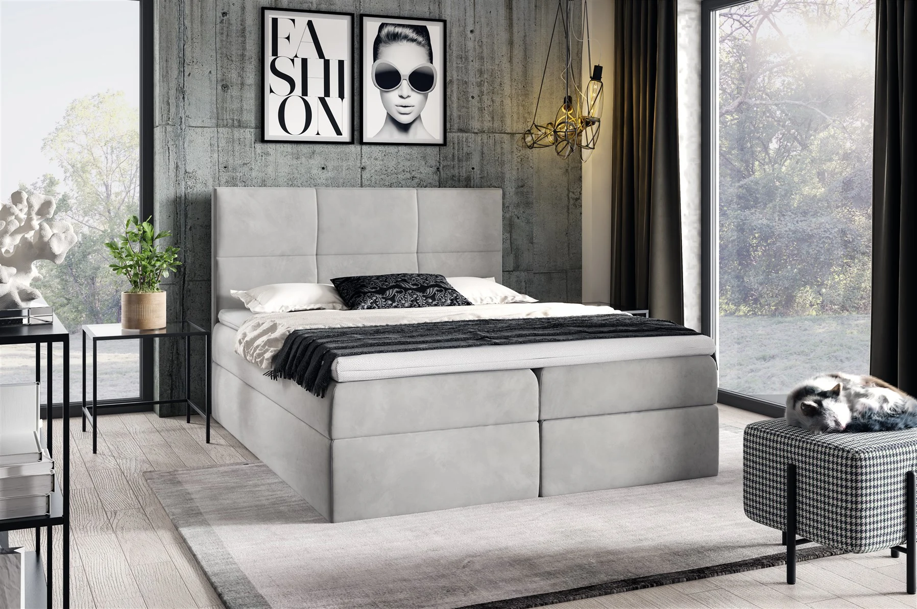 Boxspringbett Schlafzimmerbett HUDSON 120x200cm in Stoff Fresh Hellgrau - Fun Moebel