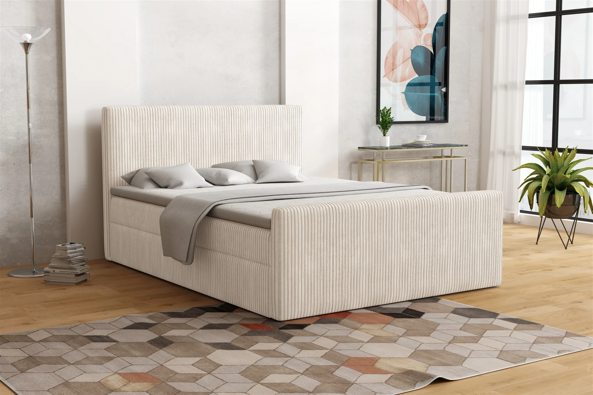 Boxspringbett Schlafzimmerbett IKAROS 160x200cm in Stoff Poso Creme - Fun Moebel