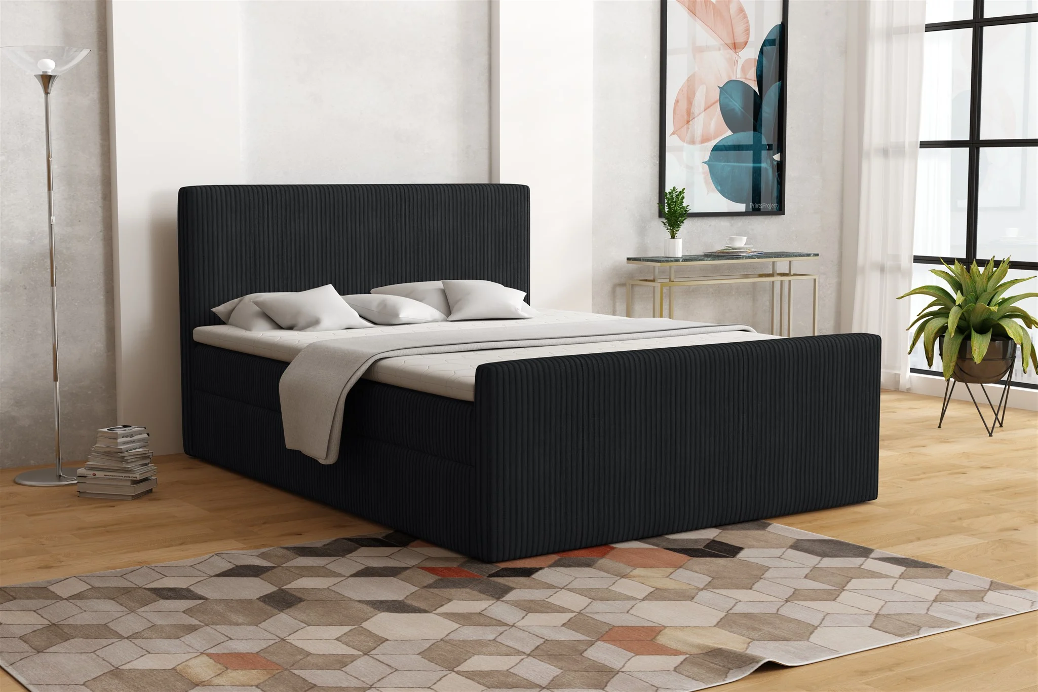 Boxspringbett Schlafzimmerbett IKAROS 140x200cm in Stoff Poso Schwarz - Fun Moebel