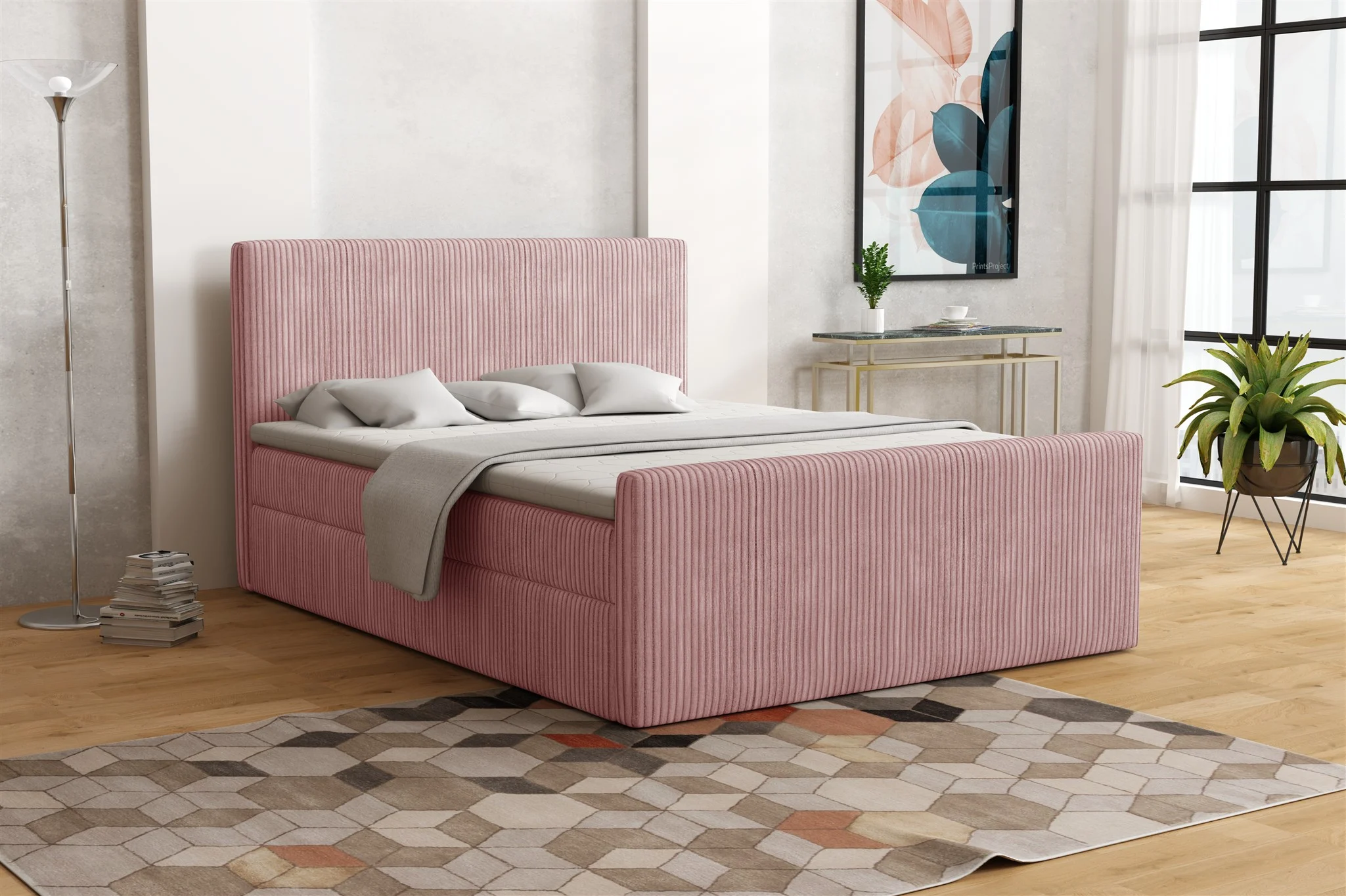 Boxspringbett Schlafzimmerbett IKAROS 140x200cm in Stoff Poso Rose - Fun Moebel