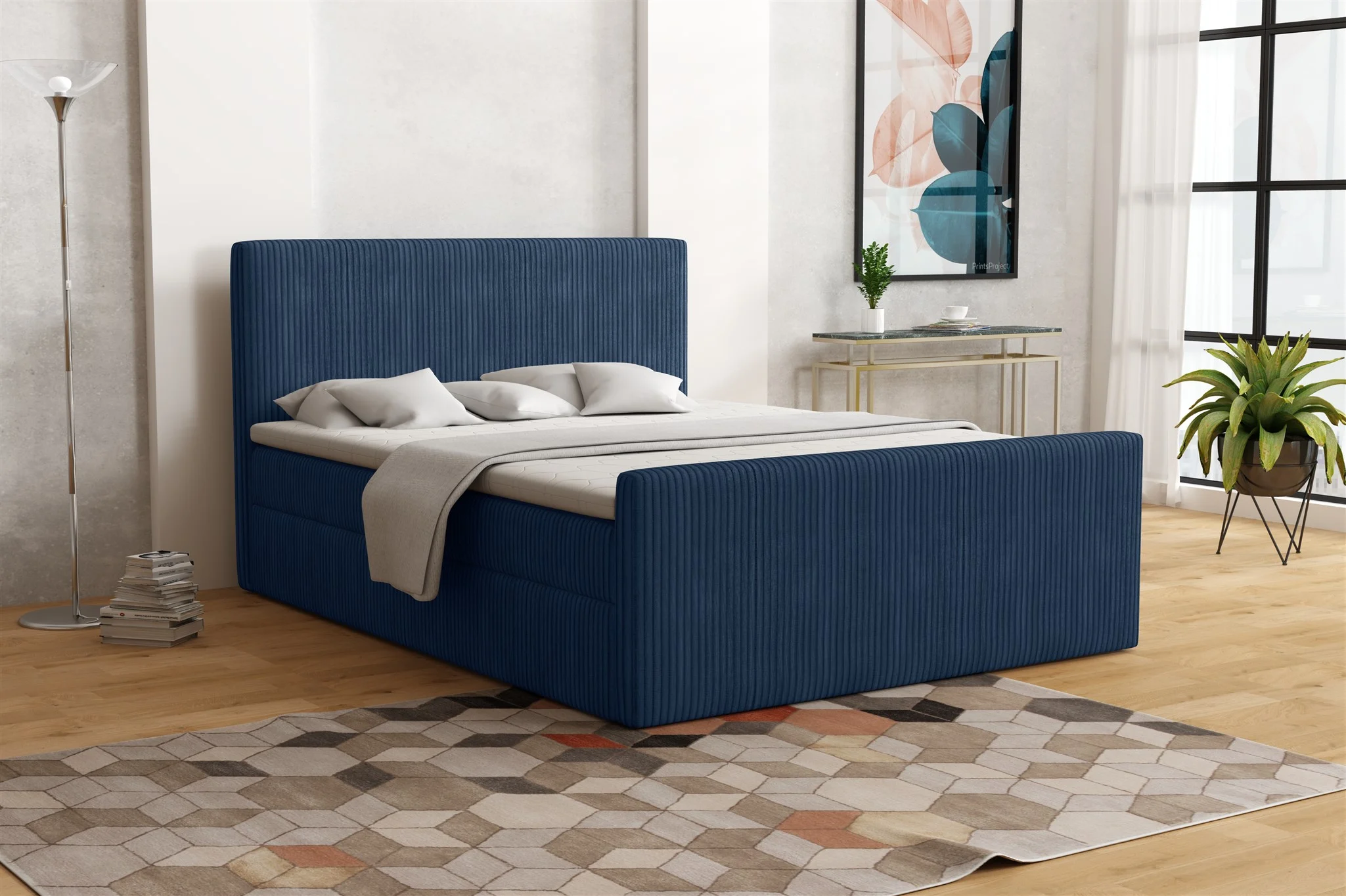 Boxspringbett Schlafzimmerbett IKAROS 160x200cm in Stoff Poso Dunkelblau - Fun Moebel