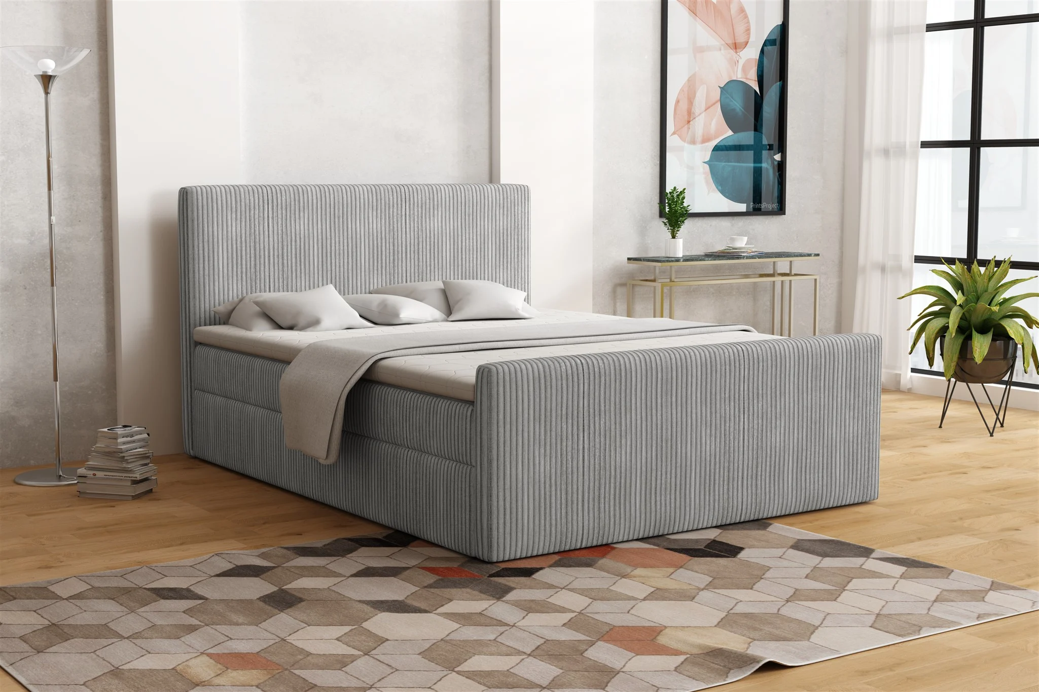 Boxspringbett Schlafzimmerbett IKAROS 140x200cm in Stoff Poso Hellgrau - Fun Moebel