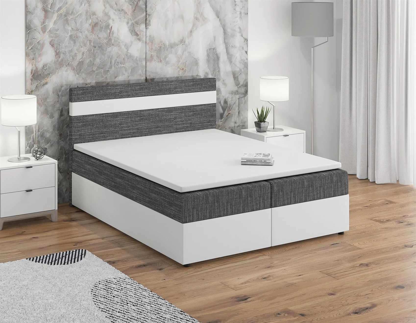 Boxspringbett Schlafzimmerbett INVERN 180x200cm Weiss-Grau